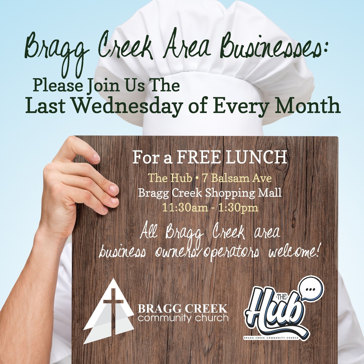Join us next week, Wed, Nov 29, at the Hub, Bragg Creek Shopping Centre, 11:30am - 1:30pm!
All BC & area business owners/operators welcome, including home-based businesses! Come meet your community and enjoy a FREE lunch catered from a local restaurant!
(Note: No business lunch in December)