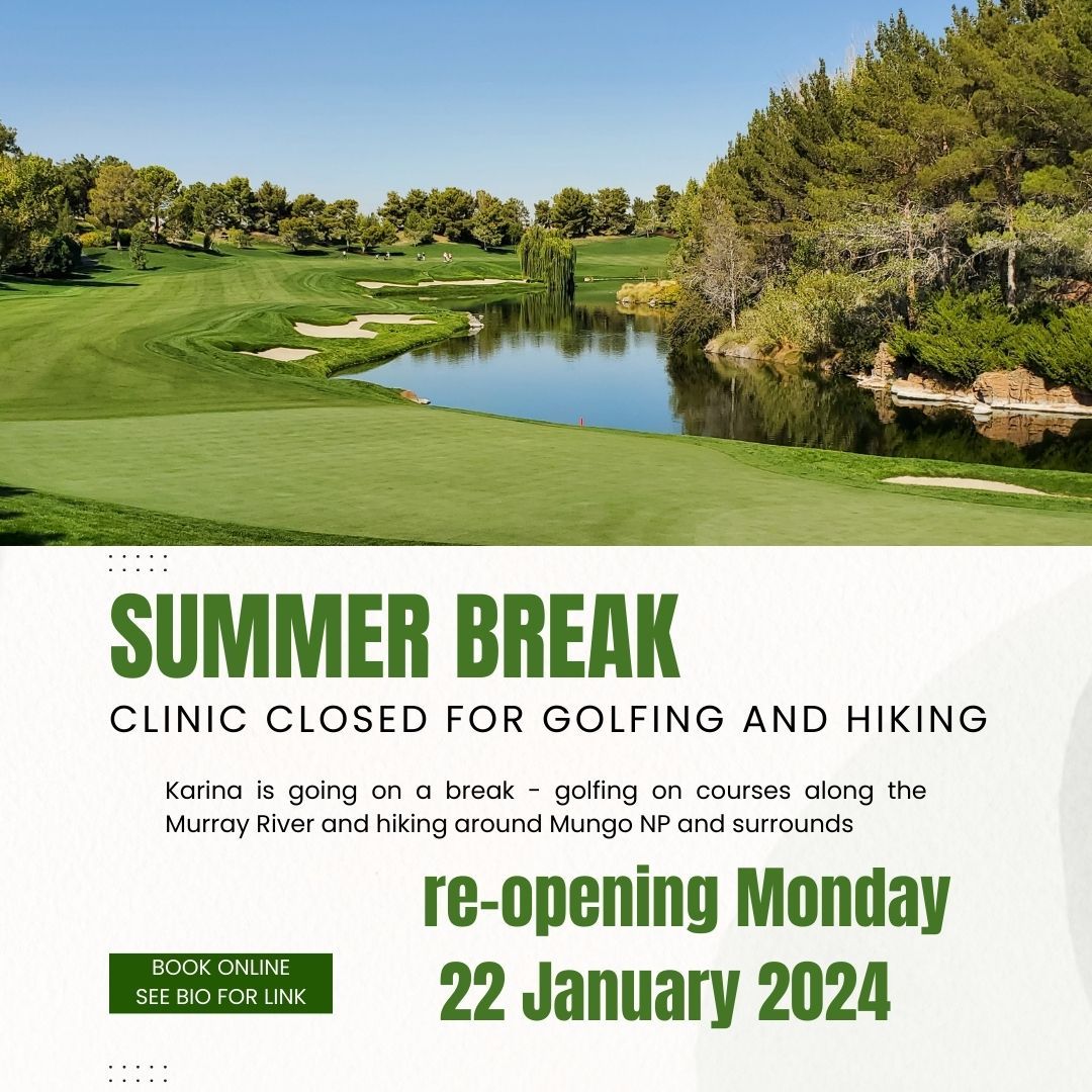 Already had your break and back at work? We all need a break at times and Karina is heading onto her summer break.
Clinic closed from 10 January to 21 January 2024.
Don't worry, despite booking to play 18 holes of golf 3 days in a row plus hiking and then more golf; will be feeling refreshed and ready to massage upon my return.
Bookings now open from 22 January onwards.
Hope everyone has been enjoying their holidays!
#golfholidays #healthmatters #bekind #mortdalesportsmassage