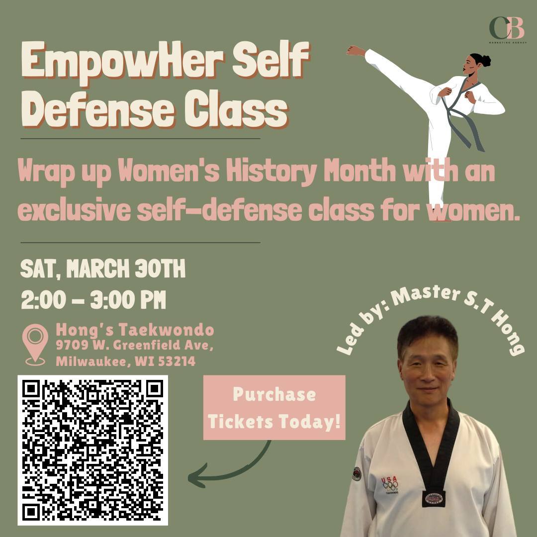 My next event is here! Close out Women's History Month with a BANG!
EmpowHer Self Defense Class: Join Master S.T. Hong, a distinguished Martial Arts Grand Master with over 30 years of experience, in an exclusive session tailored for women. Don't miss this opportunity to learn invaluable self-defense techniques on Saturday, March 30th from 2-3pm at Hong's Taekwondo. Secure your spot now! Tickets available via the link below or in my bio.
https://www.eventbrite.com/e/819275564267?aff=oddtdtcreator
#milwaukee #events #smallbusiness #fitnessclass