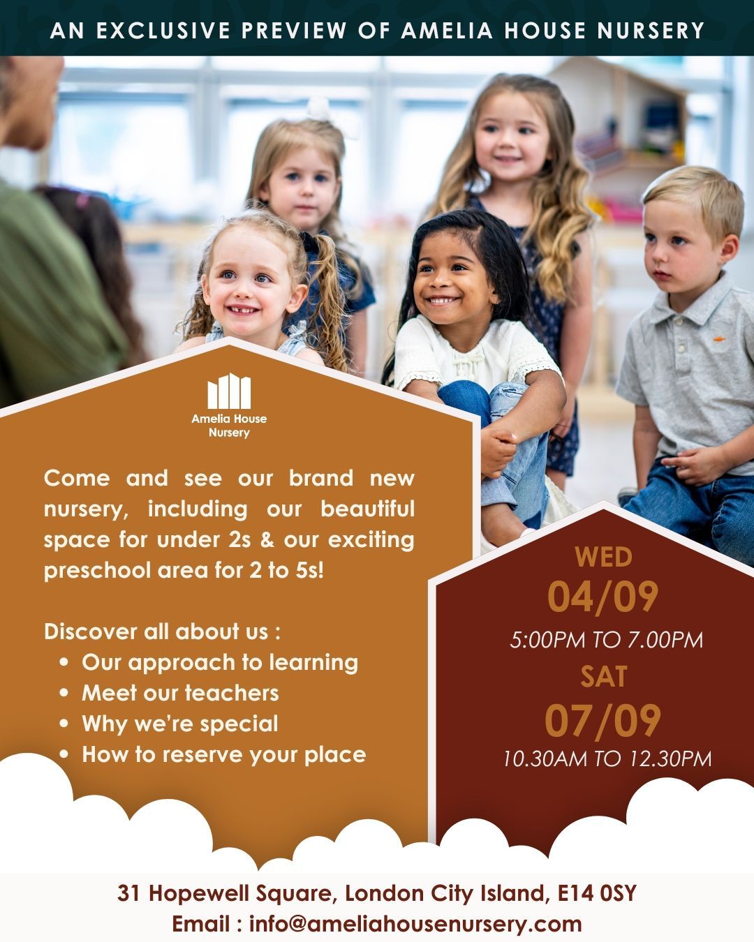 Want an exclusive look at Amelia House Nursery? Join us on the 4th or 7th of September for a preview of the newest nursery on #Londoncityisland
Places are limited so email to book in advance.
#preschoolinlondon #nurseryinlondon #canningtown #londoncityisland #EarlyChildhoodeducation #eyfs #cityislandfamily #openday