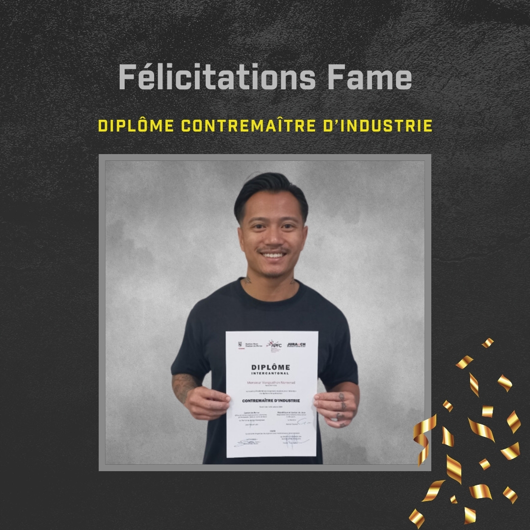 CONTREMAÎTRE D’INDUSTRIE 🎓
Toutes nos félicitations à Fame pour l’obtention de son diplôme intercantonal de contremaître d’industrie !
Bravo pour ce bel accomplissement, nous sommes très fiers de lui 💪👏🚀
#tavadecsa #contremaître #réussite