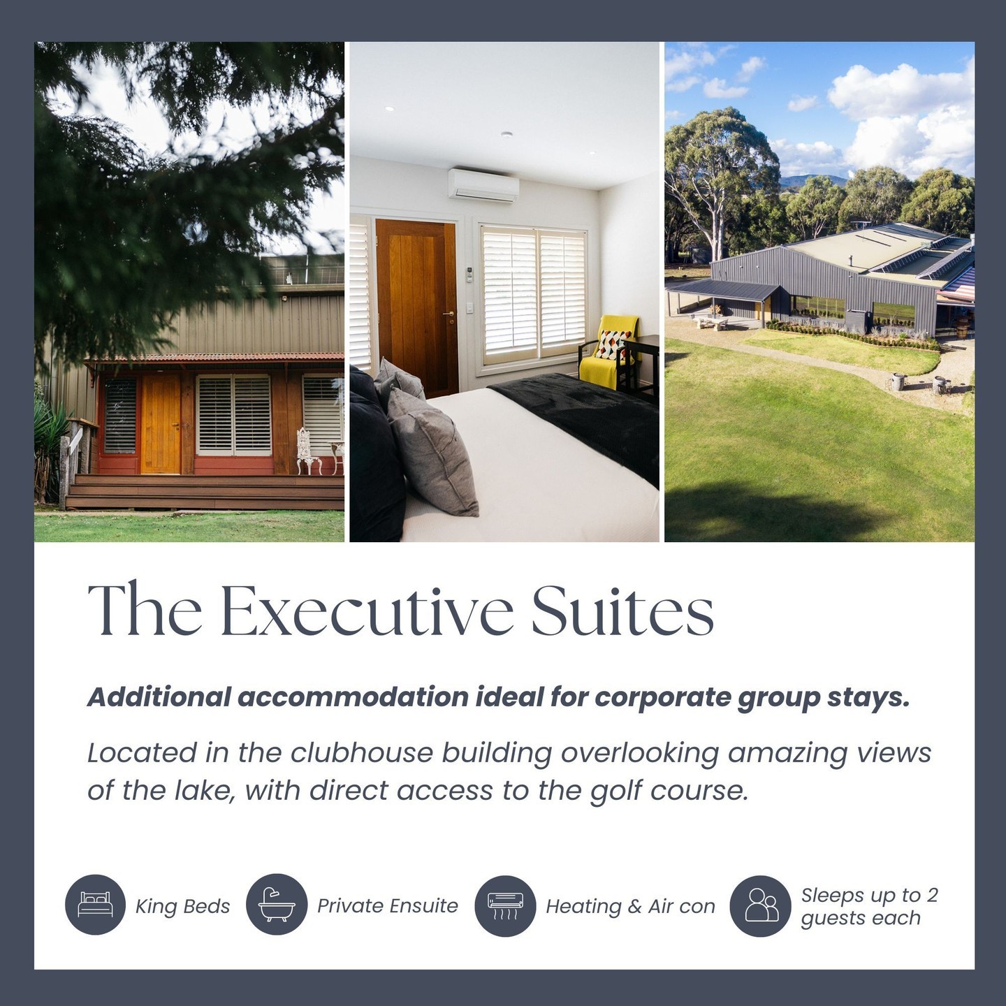 Our two Executive Suites are located in the clubhouse building and boast amazing views over the lake, with direct access to the golf course. Featuring king beds, private ensuite facilities, heating and air conditioning, tea and coffee facilities and TV with Netflix.
Sleeping up to 2 guests each - available to book in addition to the Lodge.
.
.
.
.
#lawsonlodge #lawsonlodgecountryestate #macedon #mountmacedon #daylesfordmacedonranges #macedonranges #melbourneaccommodation #lawsonlodgeweddings #macedonrangeswedding #onehourout #onehouroutofmelbourne