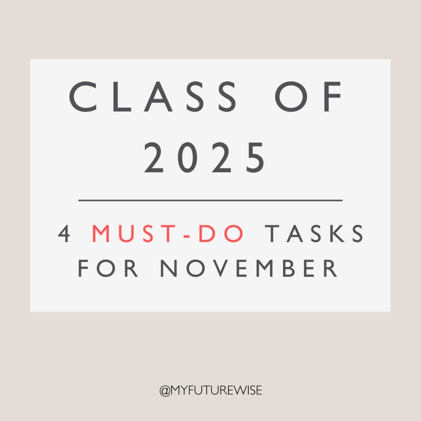 Class of 2025, congratulations on making it this far! EA/ED submissions are behind you, and you're inching closer to the finish line.
Here are your 4 must-do tasks for November.
#collegeadmissions #collegeprep #collegeready #educationispower #educationiskey #educationfirst #educationforlife #finalexams #educationalresources #schoolcounselor #schoolcounselorsofinstagram #studentsuccess #studentsuccessmatters #parentingadvice #parenttips #studenthelp #collegeinterview #classof2025 #collegeadmission #education #theyregrowingup #momtomom #commonapp #collegeessays #collegeapps #collegeapplications