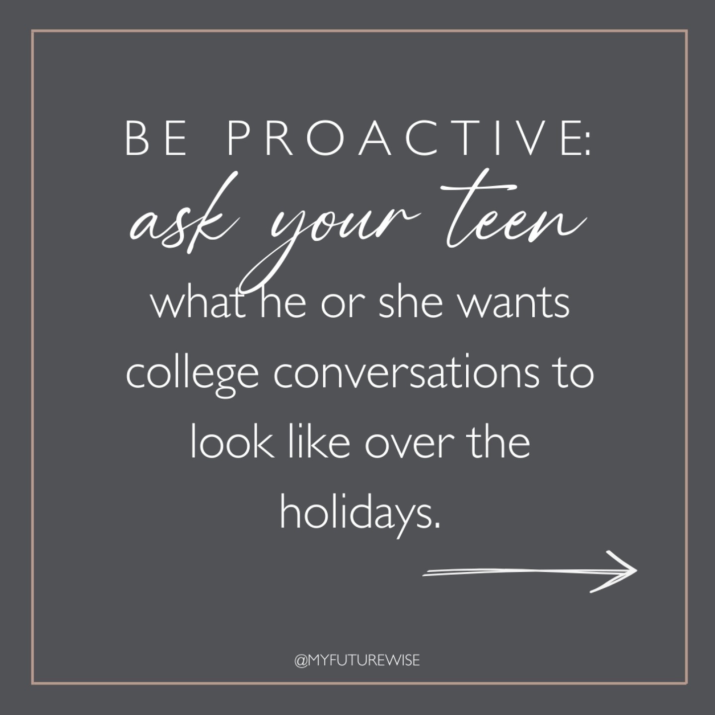 Teens think (and worry) about college more than we realize. For some, it's a 24/7 job even if they don't explicitly articulate it.
Consider that “The College Conversation” during holiday gatherings only adds to the stress they're already grappling with.
✨Tip: Let them decide whether or not it’s a conversation in which they want to engage during the holidays. If, like many teens, they’d rather share about their newfound interest in stamp collecting or dive into explaining their passion for horticulture, you can help them by being proactive. ⚠️ Alert family members to avoid conversations about college, and help your teen practice ways to steer conversations into more comfortable territory.
Drop a ❤️ if you agree!
#collegeadmission #collegeadmissions #education #parentingteens #parentingteensishard #raisingteens #raisingteensishard #studentsuccess #teenlife #parentingtips #schoolcounselor #schoolcounselorsofinstagram #collegeprep #collegeready #admission #holidaytips #boundariesarehealthy #boundaries #mentalhealth #classof2025 #classof2026 #classof2027 #classof2028