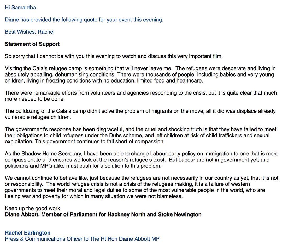 To everyone that came on Friday night, we were so happy to see so many of you there. So much love in one room - people coming together in the community is fantastic. We left feeling inspired and motivated by hearing; @pru_waldorf, Zakariya Cochrane and Wendy Pettifer and of course filmmaker Sue Clayton speak.
As I mentioned on the night I’d invited our local MP; Dianne Abbott to join us. Unfortunately she couldn’t make it, however she sent us this message of support.. #systemicchange #leadership #solidarity #helprefugees #dianeabbott #change #refugee #calaisjungle #hackney #communityaction #filmsforaction