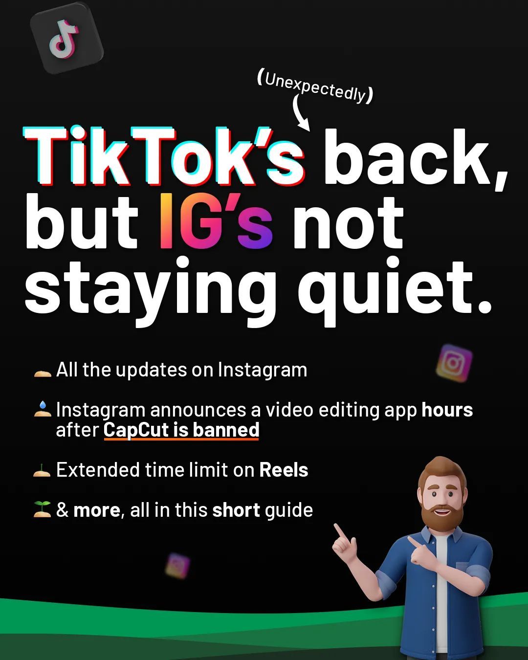 Instagram updated AGAIN?! 🌱 Reels are longer, the Instagram new layout is sleeker and with CapCut banned, the Instagram Edit’s app could be your next secret weapon for pro-level posts.
Ready to make the most of these updates?
☀ Follow us to keep up to date! 🌱