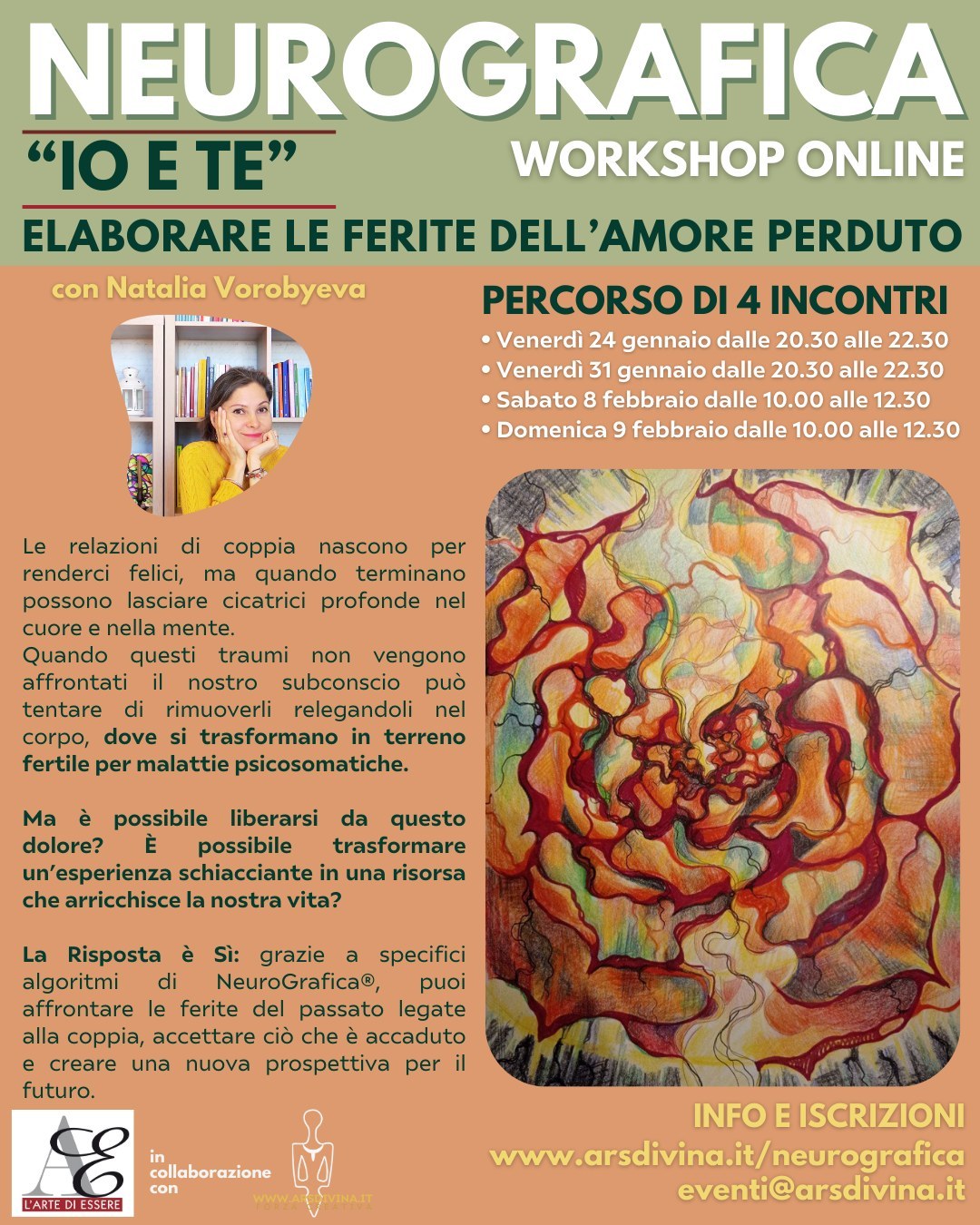 💔 Le relazioni ci insegnano tanto sulla felicità, ma anche sul dolore...Quando finiscono, lasciano segni profondi: un abbandono, un tradimento o una perdita possono diventare ferite difficili da affrontare.
.
Se stai vivendo questa sofferenza, vogliamo dirti che non sei solo/a.
E soprattutto, c’è una via per trasformare il dolore in forza.
.
Ti invitiamo a scoprire "𝗜𝗢 𝗘 𝗧𝗘: 𝗘𝗹𝗮𝗯𝗼𝗿𝗮𝗿𝗲 𝗹𝗲 𝗙𝗲𝗿𝗶𝘁𝗲 𝗱𝗲𝗹𝗹’𝗔𝗺𝗼𝗿𝗲 𝗣𝗲𝗿𝗱𝘂𝘁𝗼", un percorso prezioso di 4 incontri, per lavorare sulle ferite dell’amore e ricostruire la tua serenità interiore attraverso la potente tecnica della NeuroGrafica®.
E guardare di nuovo al futuro.
.
𝗖𝗼𝘀𝗮 𝘀𝘂𝗰𝗰𝗲𝗱𝗲𝗿𝗮̀:
• Elaborerai il dolore di una perdita o rottura con il partner.
• Accoglierai e integrerai l’esperienza senza reprimerla.
• Costruirai una nuova visione del futuro, serena e aperta all’amore.
.
𝗖𝗮𝗹𝗲𝗻𝗱𝗮𝗿𝗶𝗼 𝗱𝗲𝗴𝗹𝗶 𝗶𝗻𝗰𝗼𝗻𝘁𝗿𝗶 𝗼𝗻𝗹𝗶𝗻𝗲:
🗓 Venerdì 24 gennaio – 20.30-22.30
🗓 Venerdì 31 gennaio – 20.30-22.30
🗓 Sabato 8 febbraio – 10.00-12.30
🗓 Domenica 9 febbraio – 10.00-12.30
.
𝗦𝗔𝗥𝗔𝗡𝗡𝗢 𝗗𝗜𝗦𝗣𝗢𝗡𝗜𝗕𝗜𝗟𝗜 𝗟𝗘 𝗥𝗘𝗚𝗜𝗦𝗧𝗥𝗔𝗭𝗜𝗢𝗡𝗜 𝗦𝗨𝗟𝗟𝗔 𝗡𝗢𝗦𝗧𝗥𝗔 𝗣𝗜𝗔𝗧𝗧𝗔𝗙𝗢𝗥𝗠𝗔 𝗟𝗜𝗙𝗘𝗧𝗜𝗠𝗘 (𝗩𝗘𝗗𝗜 𝗤𝗨𝗔𝗡𝗗𝗢 𝗘 𝗤𝗨𝗔𝗡𝗧𝗢 𝗩𝗨𝗢𝗜)
.
Con la NeuroGrafica®, trasformerai il dolore in risorse preziose, creando un nuovo equilibrio emotivo e mentale. Nessuna esperienza sarà cancellata, ma rielaborata come un punto di partenza per la tua rinascita.
.
.
Unisciti a noi e fai il primo passo verso la tua rinascita emotiva, con delicatezza e amore.
.
𝗣𝗔𝗚𝗜𝗡𝗔 𝗖𝗢𝗡 𝗟𝗘 𝗜𝗡𝗙𝗢 𝗖𝗢𝗠𝗣𝗟𝗘𝗧𝗘 𝗘 𝗣𝗥𝗘𝗡𝗢𝗧𝗔𝗭𝗜𝗢𝗡𝗘 𝗢𝗡𝗟𝗜𝗡𝗘
👉 🔗 https://arsdivina.it/neurografica#percorso-ferite
.
Non lasciare che il passato trattenga il tuo presente: scegli di creare un futuro più sereno, ricco di amore e nuove possibilità.
Ti aspettiamo, con amore.
.
✨ TUTTI POSSONO PARTECIPARE, NON SERVONO PRE-REQUISITI
Che tu sia alle prime armi o già conosca la Neurografica, questo workshop è perfetto per te. Riceverai anche istruzioni chiare per lavorare in autonomia.
.
📲 Info e supporto: Stella, 3381377728