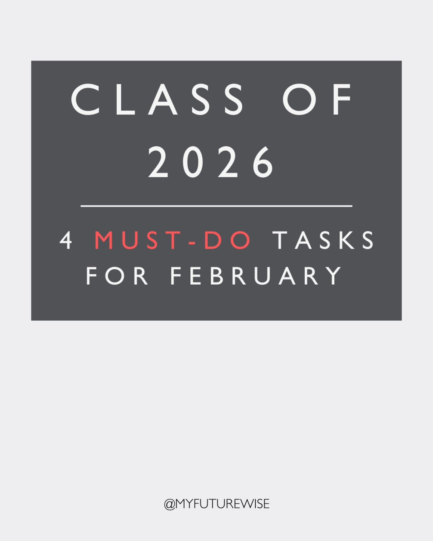Class of 2026, believe it or not, we're 9 months out from Early Action and Early Decision deadlines. ⏰
✨ To help you stay on track, here are your must-do tasks for February.
#teenagers #momsofteensandtweens #parentingteenagers #collegeadmissions #raisingteens #momtomom #raisingteenstoday #momposts #collegeready #teenagerposts #theyregrowingup #relatablemom #studentsuccess #schoolcounselorsofinstagram #schoolcounselor #classof2027 #classof2026 #educationconsultant #educationmatters #educationiskey #collegeapps #commonapp
