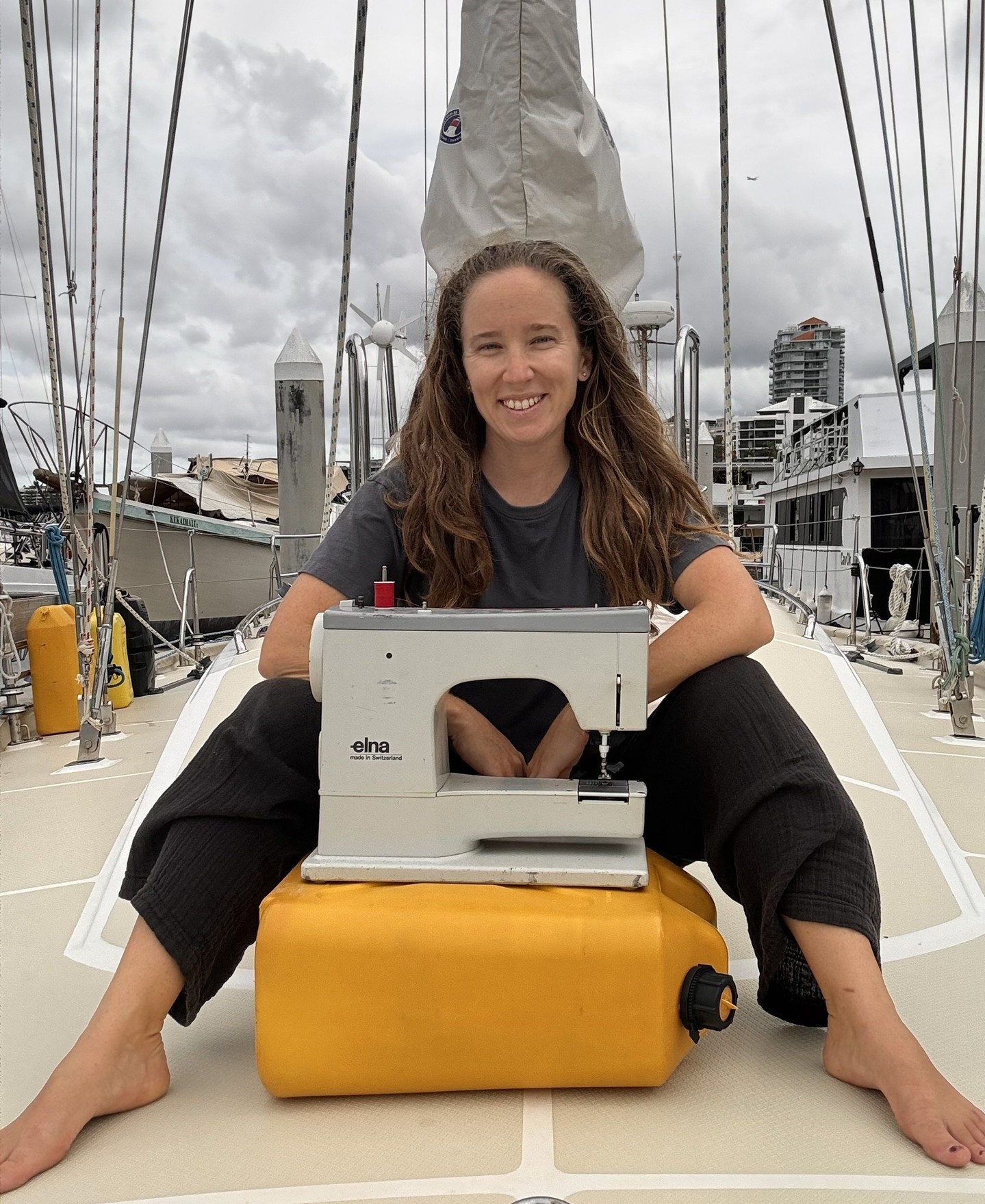 Just a girl on her boat with her Elna and a jerry can. Most of the hats are seriously sewn at sea on my sailboat by a 1990's Elna sewing machine. The same model my grandmother taught me to sew on as a kid. Welcome to the Offshore Sweatshop. (Comical as my boat is named Offshore)
#hat #sailing #sailinglife #boatlife #boat #luxuryfashion #sustainablefashion #slowfashion #americanmade #upcycling #sewersofinstagram #artisan #sailor #sailorgirl #vintage