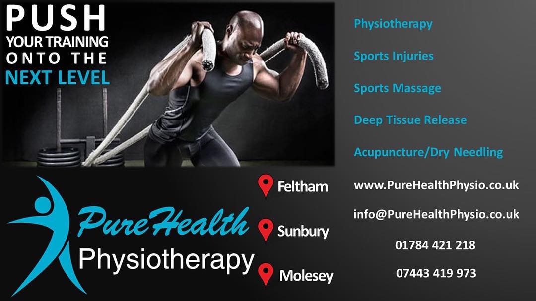 Contact us today:
www.purehealthphysio.co.uk
Info@purehealthphysio.co.uk
01784 421 218
07443419973
#physiotherapy #sportsrehab #sportsmassage #acupuncture #dryneedling #feltham #sunbury #molesey #crossfit2012