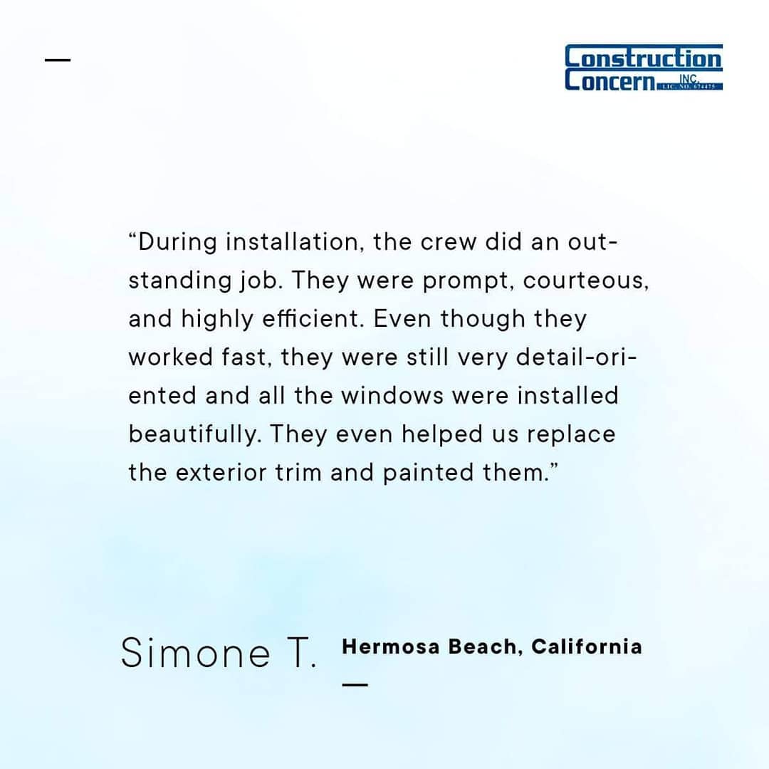 Thanks, Simone; It was a pleasure installing your new windows!
.
.
.
#constructionconcern #construction #home #homeimprovement #energy #airconditioning #heating #HAC #energyefficiency #energyefficient #windows #door #siding #roofingl #homedepot #sears #lowes #paint #solarpanels #roomaddition #socal #lacounty #kerncounty #conejocounty #orangecounty #sanfernandovalley #santaclaritavalley #sanbernardinocounty #venturacounty