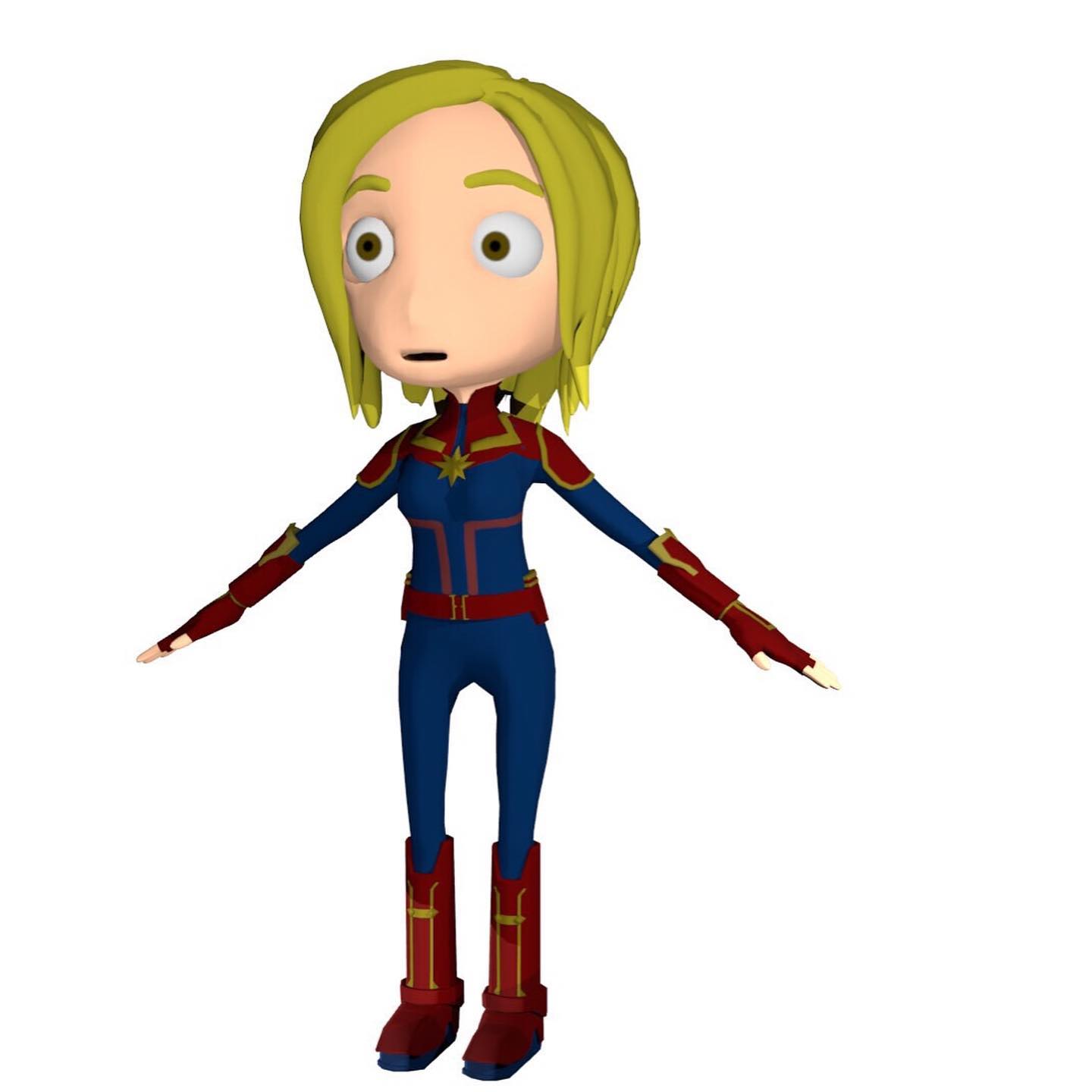 Think I’m finally happy with my cartoony chibi-like Captain Marvel model, time for rigging! #marvel #captainmarvel #3dmodeling