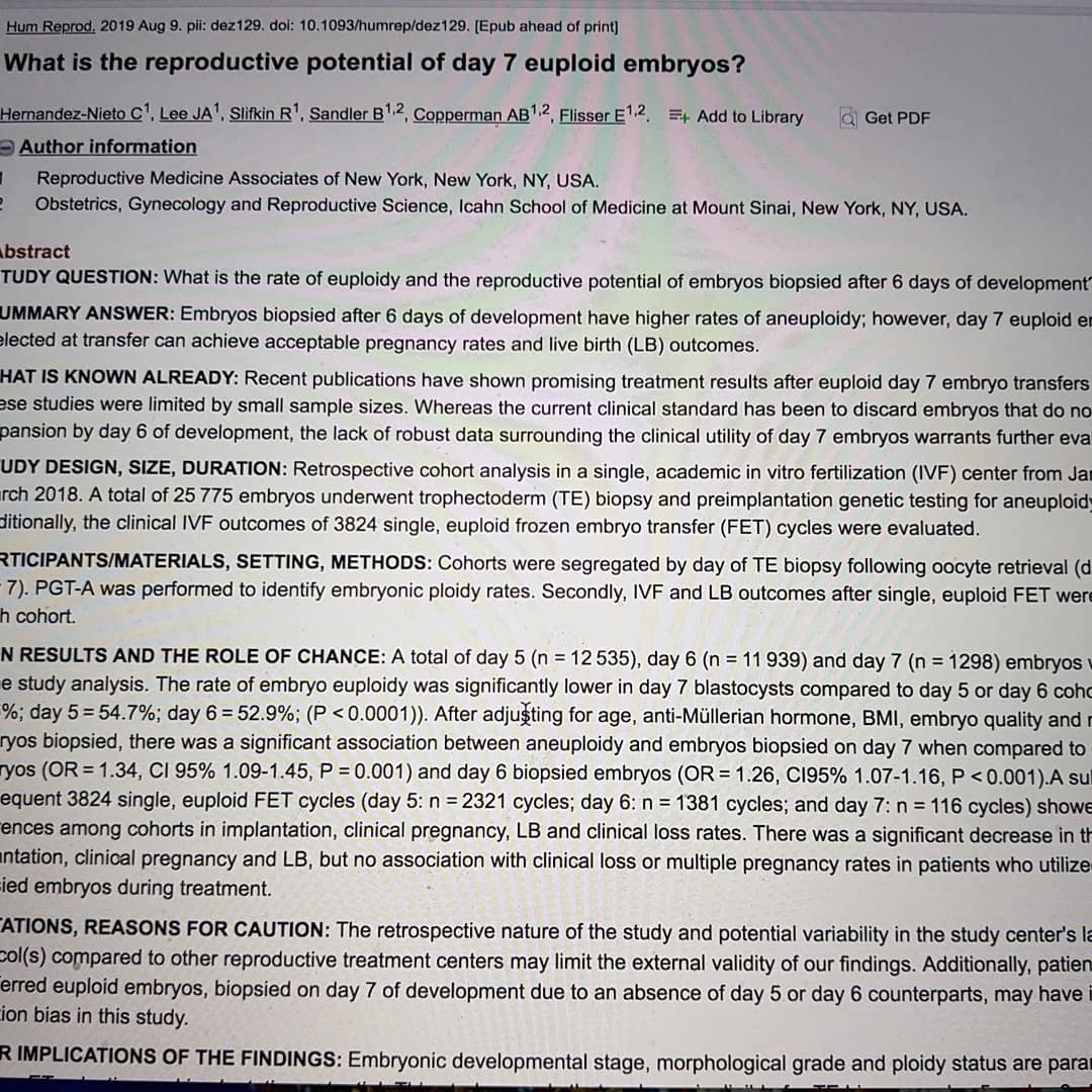 Are we discarding many embryos by not routinely culturing them till day 7?
Two studies published recently, showing implantation potential for day 7 euploid blastocyst in a frozen embryo transfer cycle.
Both the studies were retrospective analysis of large cohort of patients. Embryos were biopsied for PGT-A (pre-implantation genetic testing for aneuploidy) on day 5, 6 or 7, when they attained the expanded blastocyst status, at least 4CC.
Overall, day 7 blastocysts are more likely to be aneuploid compared to day 5 or 6 embryos.
Day 7 blastocysts, which were euploid, have shown successful implantation and live birth. However, the live birth rate was lower for euploid day 7 embryos compared to euploid day 5 or 6 embryos. The cause is not clear.
Transferring day 7 embryos in a frozen cycle would avoid the possibility of endometrium-embryo asynchrony, which can lower the success of implantation in a fresh cycle.
https://www.ncbi.nlm.nih.gov/pubmed/31398251
https://www.ncbi.nlm.nih.gov/pubmed/31402381
#ivfjourney
#IVF #ivf #fertility #infertilitysucks #infertility #embryotransfer
#embryo
#embryology
#blastocyst #blastocysts #blastocysttransfer #blastocystculture #ttc #tuisig