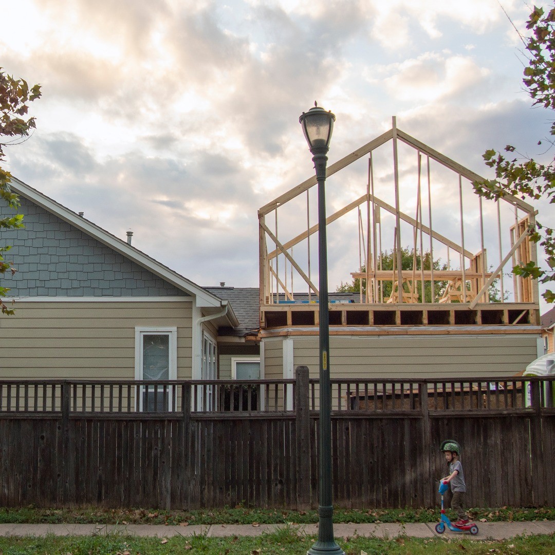 A sense of scale: the apartment has the same roof pitch but lower overall height than the house.