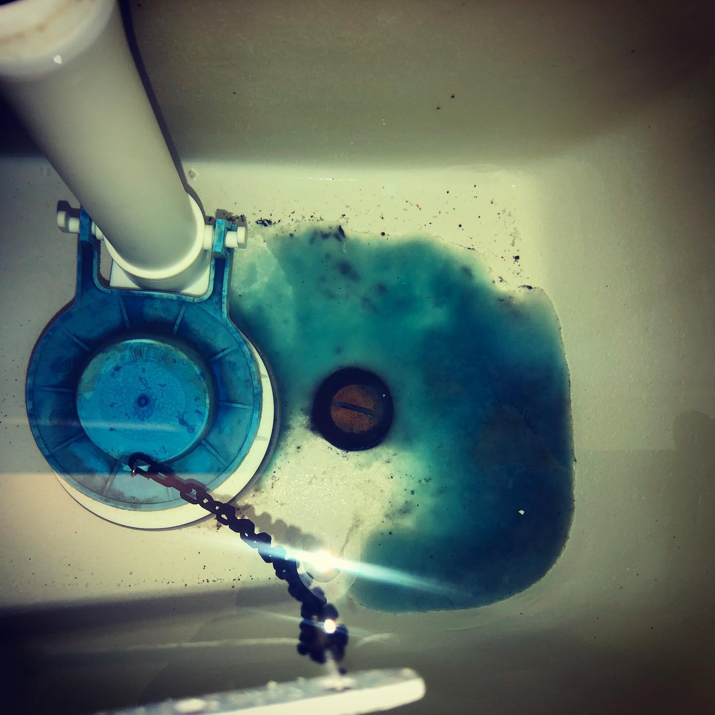 The Blue BLOB! Actually toilet cleaning tablets that are used so you never have to touch your toilet again. Not really but most people don’t know that cleaning tablets void your warranty and can cause the rubber washers and flapper to corrode and leak.