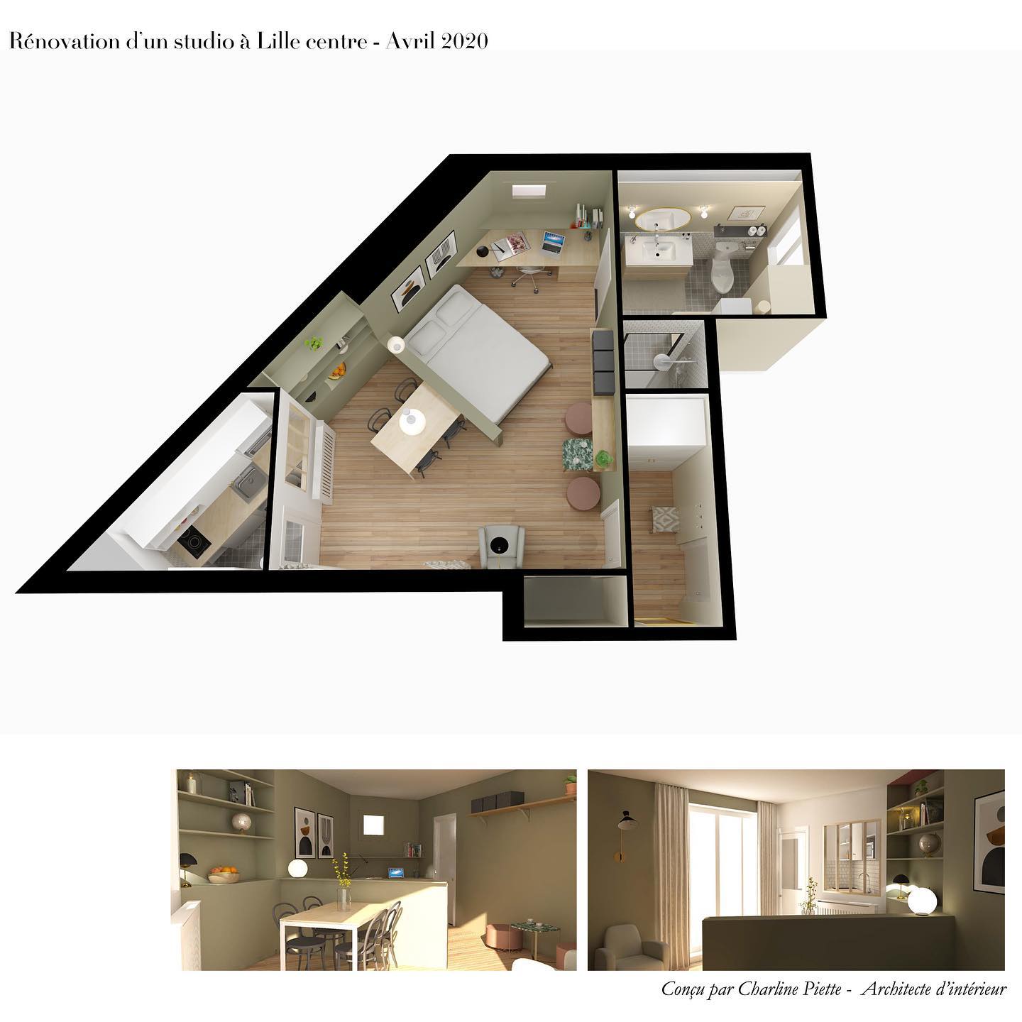 Et voici ce petit studio qui sera prochainement réalisé. C’est destiné à la location étudiante donc on minimise les frais tout en créant un cocon agréable et propice au travail. Le vert est une teinte qui réconforte et apaise. On cloisonne la partie nuit pour délimiter l’espace jour et nuit. On utilise l’éclairage indirect au maximum et on maximise les astuces rangements. A suivre!
#conception #architectureinterieure #architectedinterieur #decorationinterieur #studio #location #etudiant