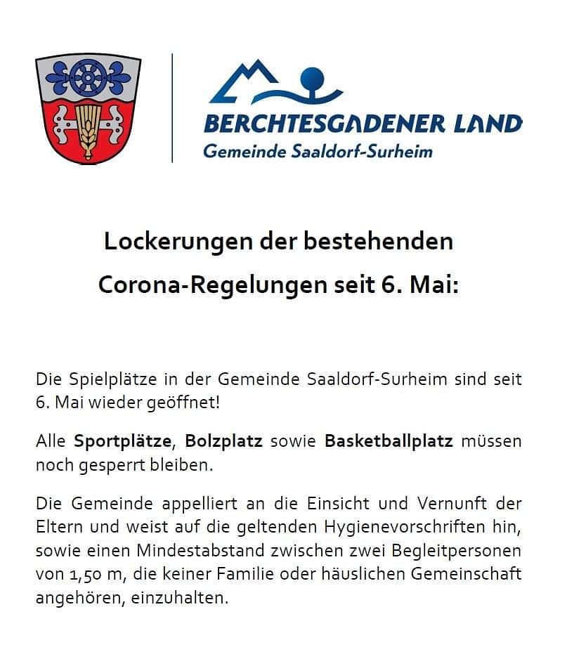 Heute werden unsere gemeindlichen Kinderspielplätze wieder geöffnet, unseren Kleinen und Kleinsten wünsche ich viel Spaß beim Spielen 👍 Und an die Eltern und Begleitpersonen die Bitte, darauf zu achten, dass die allgemeinen Hygiene- und Abstandsregeln eingehalten werden 🍀
#saaldorfsurheim #kinderspielplätze #freizeit