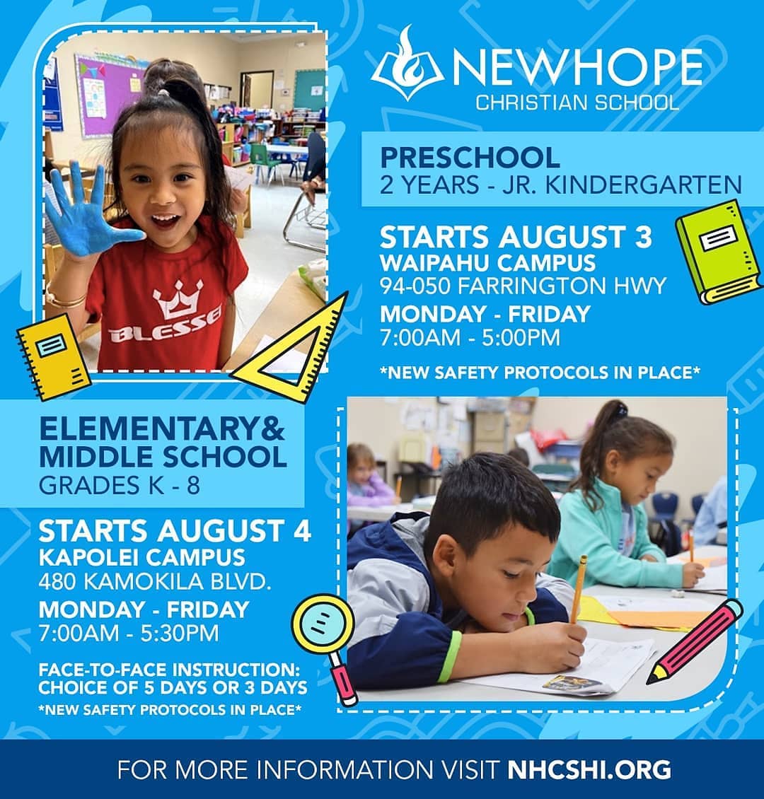 The school year is right around the corner and at New Hope Christian School, we are busily preparing to welcome students back on campus 5 days a week with enhanced safety protocols in place! If you know of someone looking for a school for their children on the leeward side of the island, please share! Thank you!