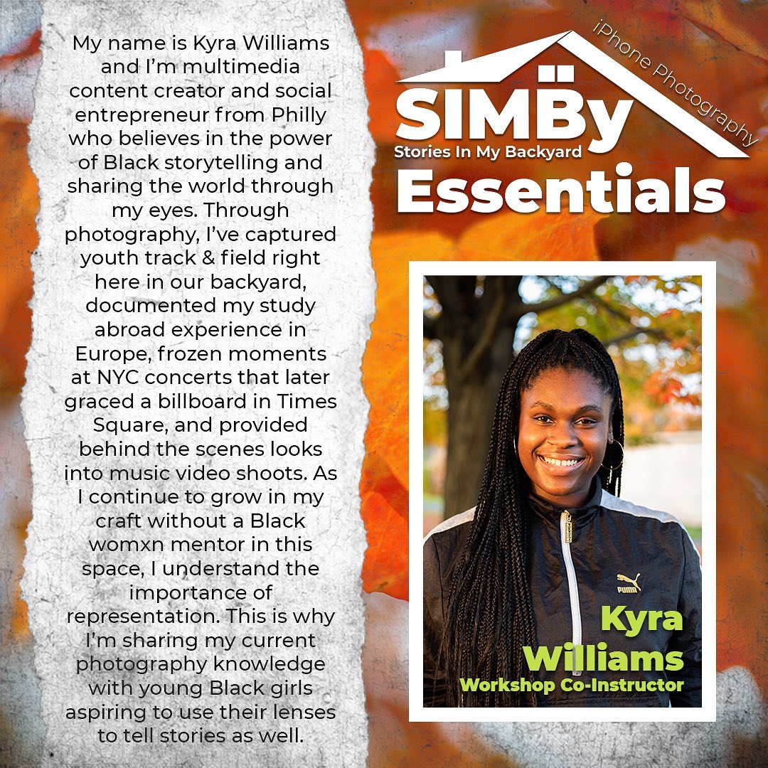Reintroducing Kyra Williams! 📸🍂🖤
.
.
.
We’re back and so happy to announce our very first virtual workshop, #SIMBYEssentials: iPhone Photography!!! This experience is created and instructed by Black womxn photographers (@jubyr and @thekyrawilliams) for high school Black girls here in #Philly. We’re launching in partnership with @pstv_sdp on Nov. 5th at 4pm via Zoom! We can’t wait to build this community of amplifying the #BlackGirlMagic that exists right here in our backyard while using the lenses in our pockets to tell stories and tackle the very real social issues that we’re facing! Sign-up via the link in our bio, the #SIMBY website, or through PSTV! Spread the word!✊🏿✊🏾✊🏽✊🏼
.
.
.
#BlackArt #SocialChange #BlackPhotography #Education #BlackLivesMatter #VirtualLearning #RepresentationMatters #Celebration #Empowerment #BlackGirlhood #BlackWomanhood #BlackGirlPhotography