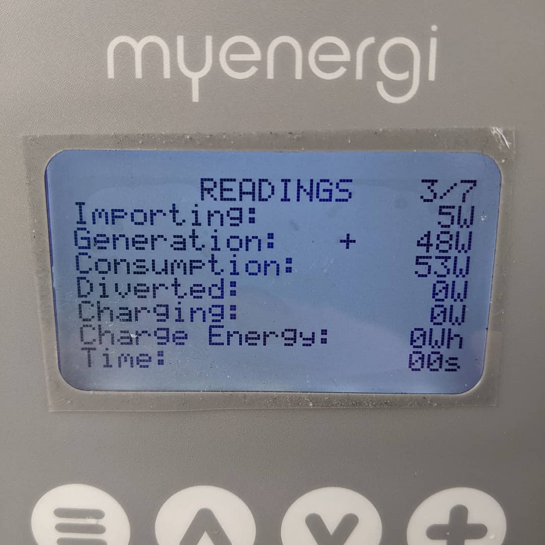 The #zappi #evcharger is a clever little thing. When you go into the menus you can see a real time display of the import and grid use at the property amongst many useful real time stats. Was late afternoon when taken but Client will be able to charge his #kianiroev from #solarpv #happyzappi @myenergi