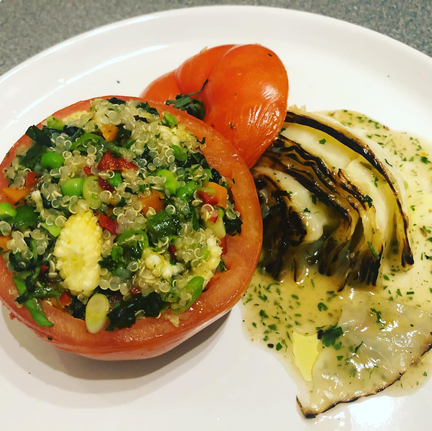 Any leftover veg you aren’t sure what to do with?
Courgette, carrot, baby sweet corn, red chilli, spring onion, peas & quinoa stuffed beef tomato with braised white cabbage.
#eatwellbewell #eatyourveggies #getcooking #organiceating #veganfood #vegancookery