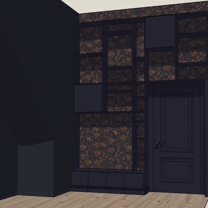 Het ontwerp voor een wandkast met zitje voor de woonkamer in een landhuis is gereed. De klant is enthousiast dus de bouw kan starten.
#interieurbouw #wandmeubel #kastopmaat #wandkast #meubelsopmaat #modernklassiek