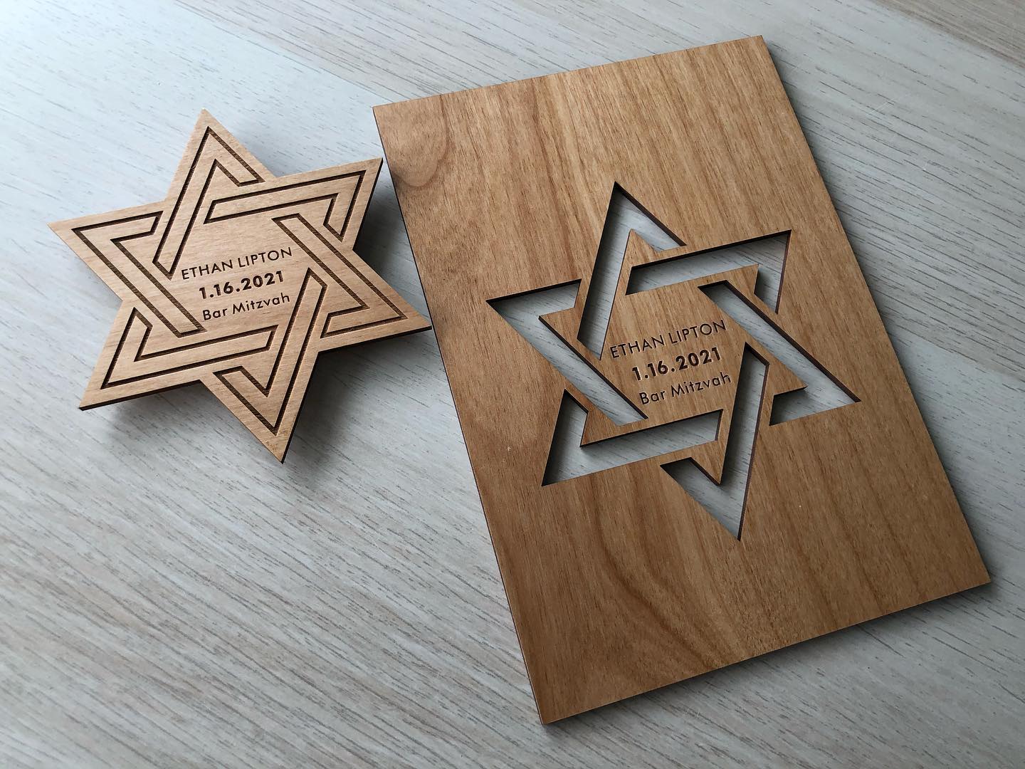 This is a wooden magnet and wood plaque keepsake I engraved for a friend. Congrats Ethan! #barmitzvah #woodmagnet #woodengraving #paperpanache #panacheinvitations