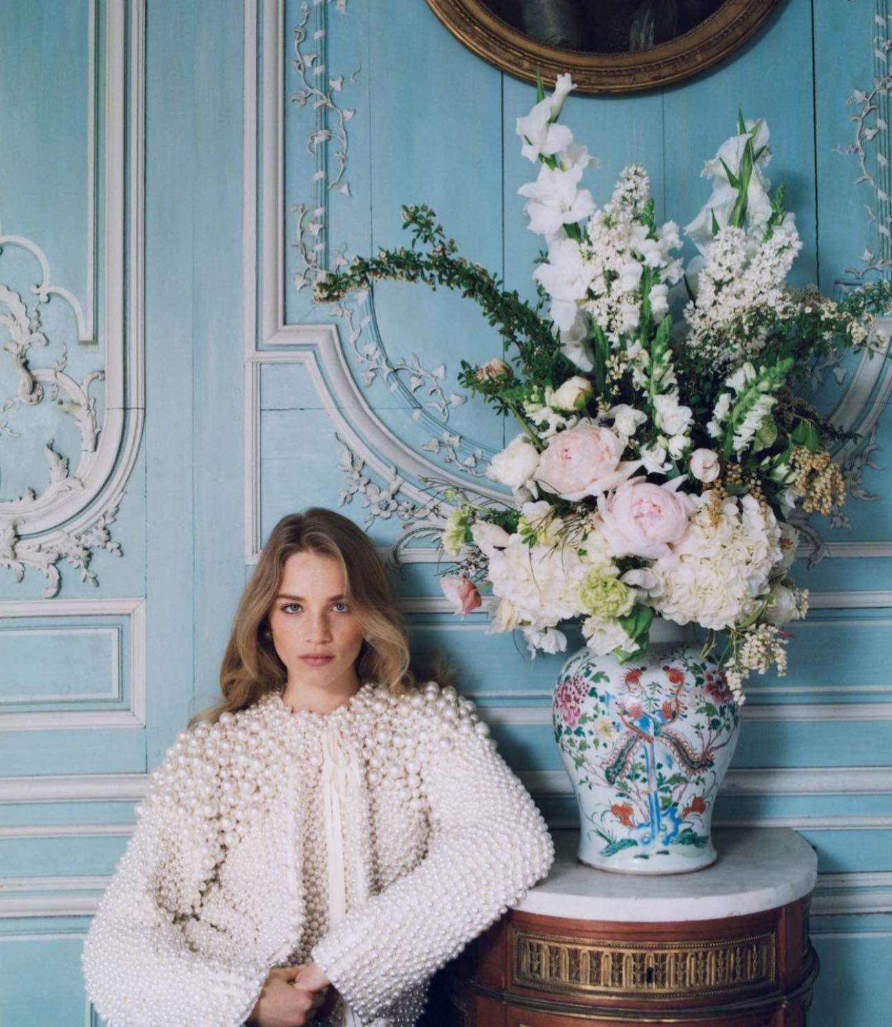 British Vogue photoshoot. The dreamy walls of the Salon Bleu. @britishvogue @zoeghertner @rebeccalongendyke @davidharborow @karimrahmanmakeup #chateau #photoshootlocation #weddingvenue