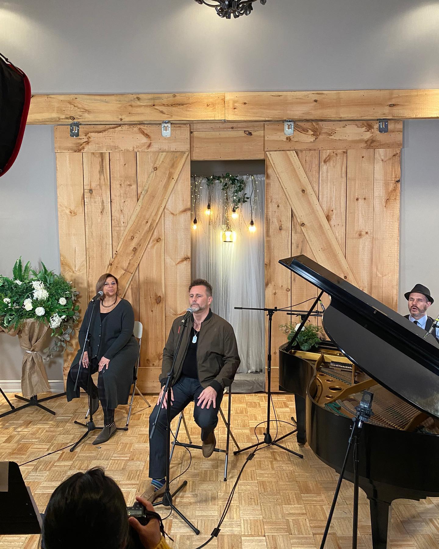 Bringing Church to the studio today! Lovely setup and use of our barndoors. Our client @kevinpauls brought in this backdrop and flowers to enhance the setting. #churchconcert #studioconcert #kevinpauls #btownsound #barndoors #eventspace #burlingtonontario #christianmusic