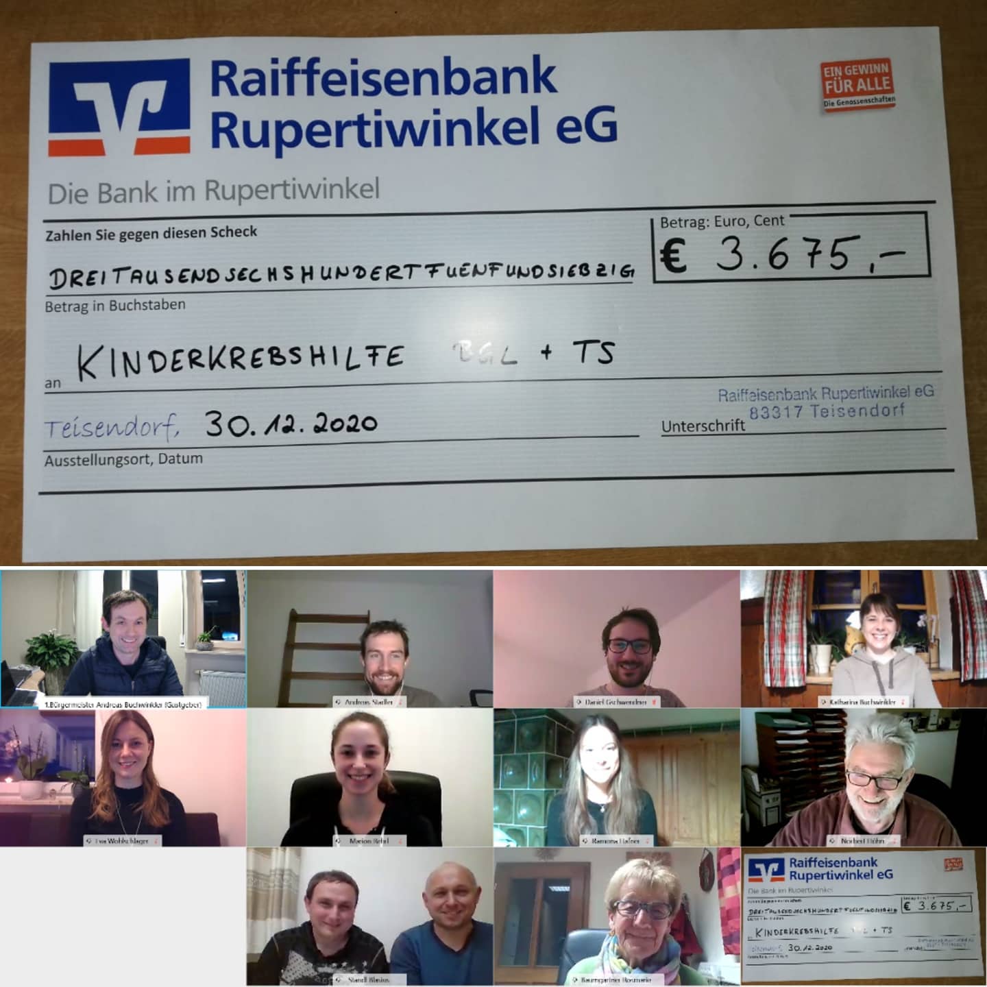 "Mit diesem überwältigendem Ergebnis haben wir nicht gerechnet!" Das diesjährige "Kletzein-Online" hat uns in diesen doch schwierigen Corona-Zeiten nicht nur viel Freude bereitet, es hat auch ein sattes Spendenergebnis eingebracht:
Insgesamt 3.675,00€ Euro haben Bürgerinnen und Bürger, aber auch die Teilnehmer selbst, für die Kinderkrebshilfe gespendet.
Vor Kurzem konnten wir nun Rosemarie Baumgartner von der Kinderkrebshilfe BGL-TS die Spende online übergeben!
Vielen lieben Dank an alle Unterstützer für dieses super Ergebnis!
#saaldorfsurheim #guterzweck