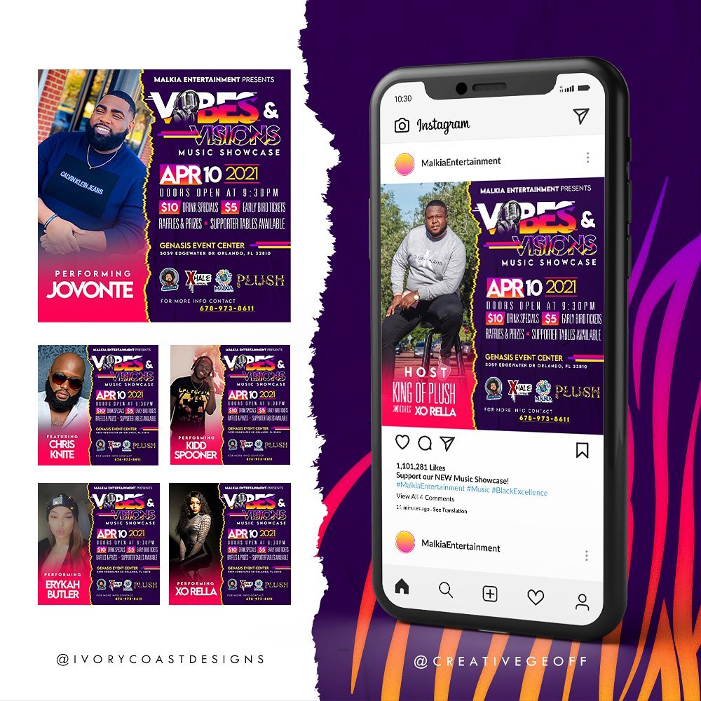 Designed a social media campaign for the Vibes and Visions Music Showcase in Orlando. Thank you @malkia_ent for trusting me with your vision. Also, be sure to follow @kingof_plush and @polo_connoisseur!
——————————————
#graphicdesigner #entetainer #blackexclellence #blackownedbusiness #blackartist #hbcu #flyer #flyerdesign #photoshop #creative #brandidentity