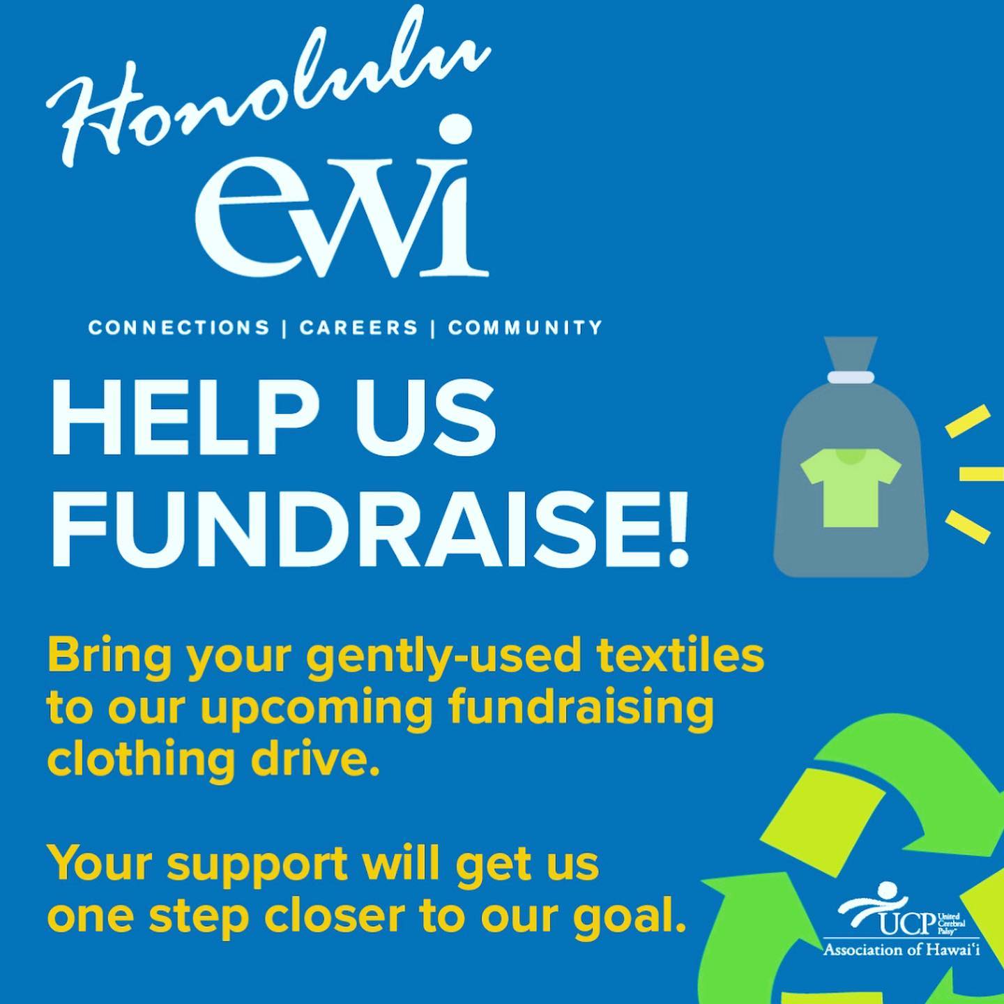 ✨We will be hosting a clothing drive fundraiser with @unitedcerebralpalsyhawaii on 3/13/21. The funds we raise will help fund EWI’s scholarship programs! HELP US MEET OUR GOAL! Be sure to check out the approved donation items list. Please donate what you can. The weight requirements are more of a guide to help us meet our goal but we’ll accept all donations. IM us for questions! We hope to see you there. Share this with friends and family as well! Mahalo! ✨