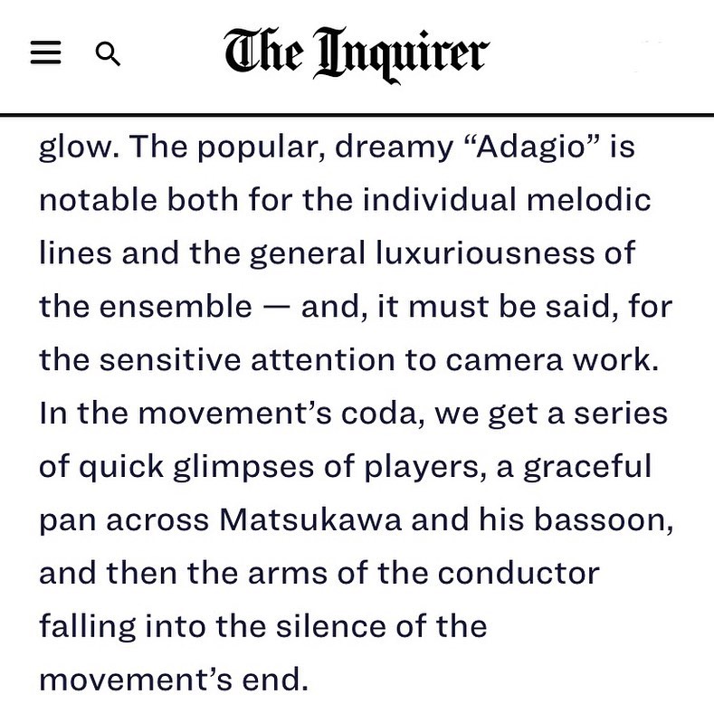 Thank you @phillyinquirer for noting our camera work in the latest Digital Stage production for the @philorch . It was such a thrill to work on this program and we invite you to catch it online to enjoy the incredible winds of The Philadelphia Orchestra performing Mozart and @vcolemanp !
#rectoday #videoproduction #philorch