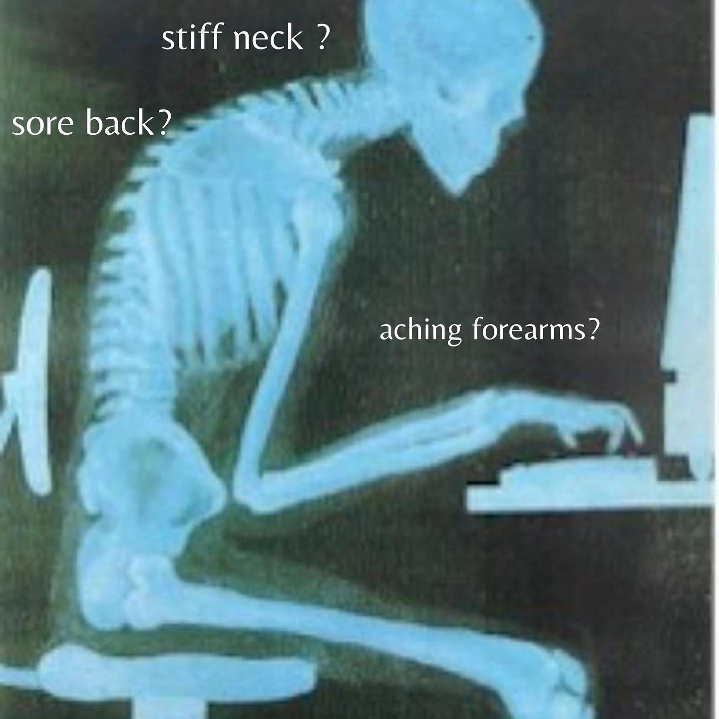 I went back to work in clinic last week. There is a whole lot of suffering going on in home offices everywhere. Turns out toiling away from dining room tables and hacked home work stations is hard on the body.
Every client utters the same complaint. Necks, shoulders, low backs, mid backs, upper backs, between the shoulder blades; they are tight, tense, stressed and stiff, burning, throbbing + aching. Discomfort abounds.
Two years out of massage school I began a project that I thought of as a users manual for the body one was born into. I am still working on it, it’s been 9 years, it’s time to start sharing my work.
Postural imbalances are felt in the form of aches and pains with people eventually accepting this as normal. It is common but it is not normal. Good posture is what exactly? Posture was never taught in school, I’ve never understood why.
Nagging pain is often caused by lack of movement and repeatedly sitting in the same shape, your body casted in a hunched position with your hands flexed like claws tapping away at a keyboard or clutching a mouse. Fatigue and achiness caused by repetitive motion hour upon hour day after day. Stop already.
Here is my simple solution for you that you can do immediately to set you on the path to feeling better. STAND UP + MOVE . Just. Move. Repeat regularly throughout the day, set a timer on your phone for 30 minutes. Oh and please drink more water. Trust me when I tell you that you are dehydrated.
I’ve decided that April is Clean Up Your Home Work Habits month. I’m here to help. Are you ready? Who’s in for daily posts to get you started on a path to better work life practices with the ultimate goal of feeling better in your body.
If you know someone that needs this please share.
#justmoveyourbody
#worklife
#lifework
#relievemyachingback
#youcandothis
#setatimer
#goodpractice
#buildingyourawarenessforselfhealing #🌞