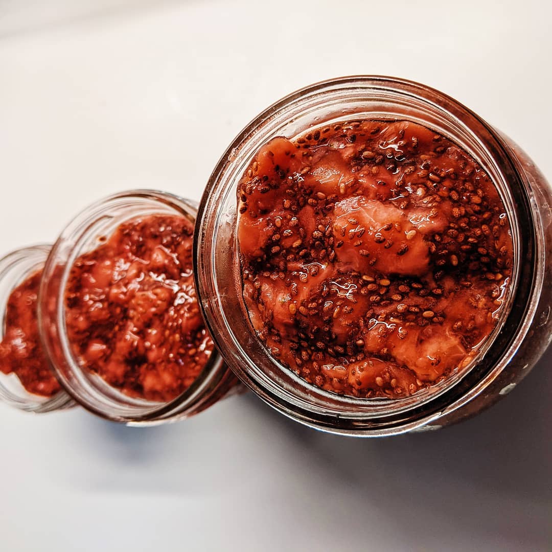 2 Ingredient Chia Seed JAM!
This week I got a little over zealous with strawberries being on sale, so I decided to use a few quarts to make some jam.
This simple recipe is a great way to increase fiber and decrease added sugar in your breakfast.
Here are the steps:
1) Cook down strawberries in a pan. You may want to a little water the the bottom of the pan, but I didn't use any for this batch. Mash them as they cook down to your preferred texture.
2) Remove from heat and toss in some chia seeds. The pectin from the strawberries will act as a natural thickener as well as the chia seeds soaking up water and creating a gelatinous texture.
3) Wait for them to cool completely before storing in the fridge. I just used random glass jars I had saved up (that's where there are 3 very different sizes ๐)
The strawberries were not a very sweet batch so my husband and I ended up drizzling some honey over our jammed up english muffins. If your berries are sweet enough, you may not have to add any sweetener though!