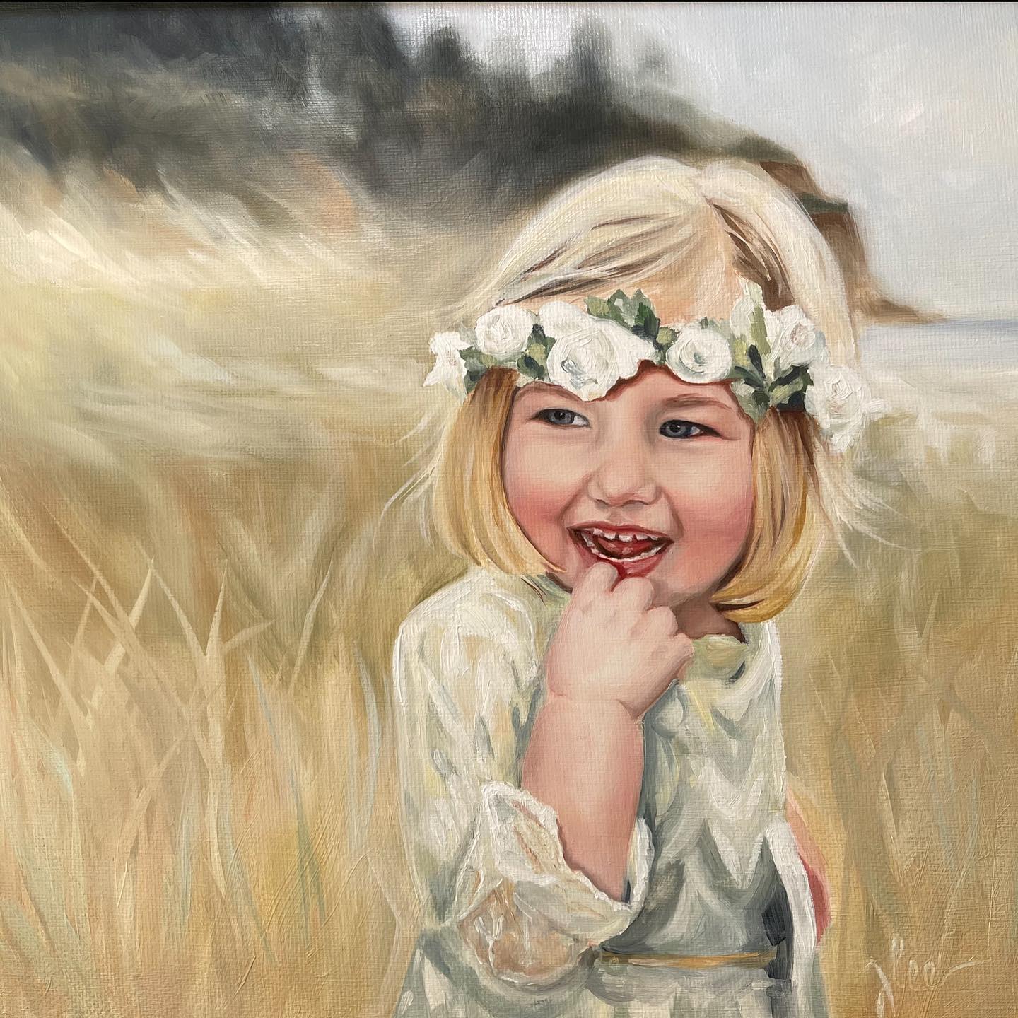 “Pais” oil on canvas 12x12”, just finished this lil punkin. It was a gift to someone who cares about everyone and is a champion of people. I’ve been working on this painting of her granddaughter for a long time. Many layers of transparent glazes. I wanted an ethereal feel to the painting. I wanted to capture this little girl’s blue eyes and wispy hair in the ocean breeze. I love her expression. What a sweetie.