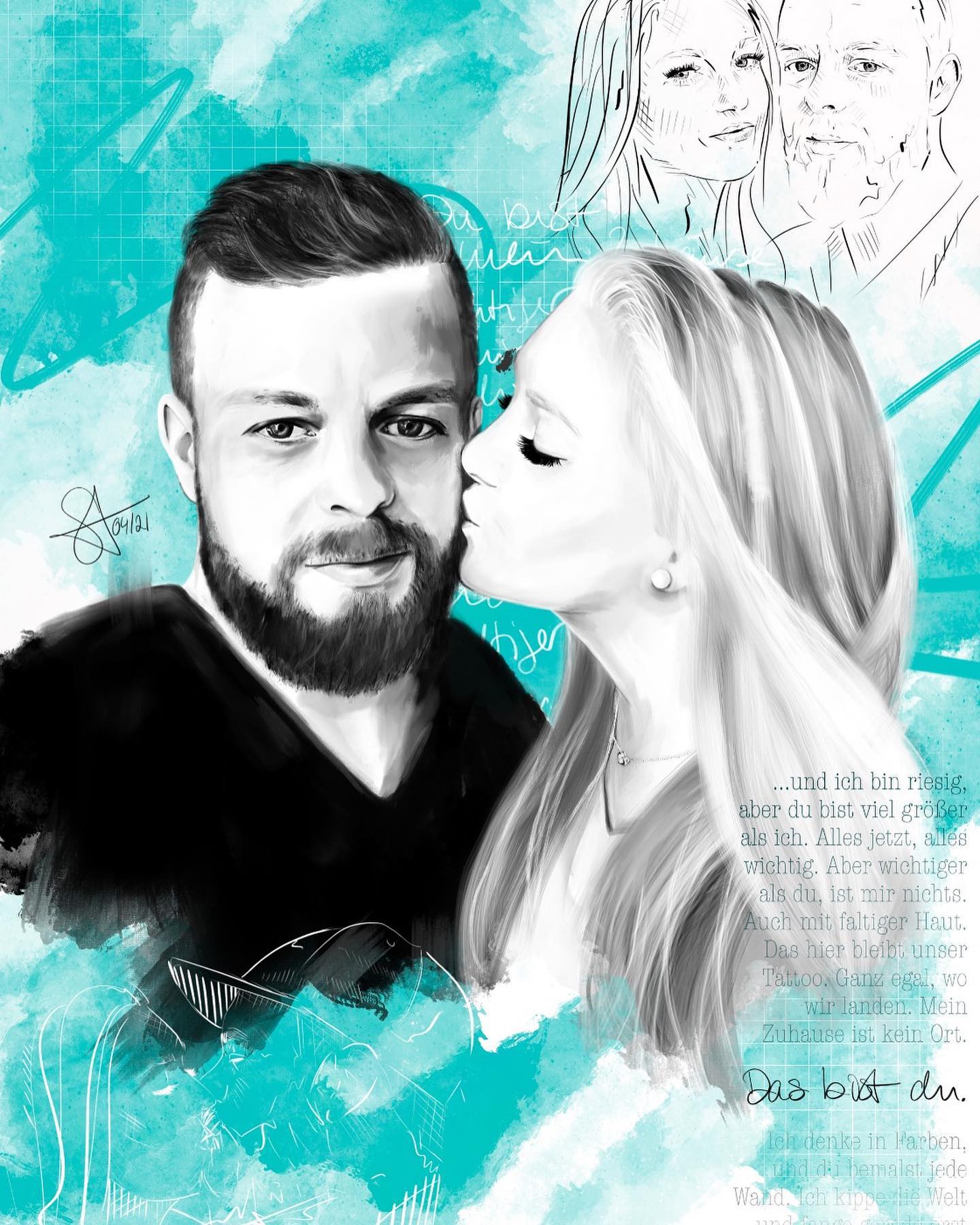 V O R L A G E // DIGITAL ARTWORK
DATE 04/21
Im Auftrag von @poenitzerjung für seine wunderschöne Frau @leonieeeeeee_ zum Geburtstag.
Happy Birthday 🤍
Ich habe es auf 350g dickem Papier in 70x100 cm mit weißem Rahmen drucken lassen (sieht im Bilderrahmen später sehr schön aus). 💙
Viel Freude euch mit dieser Collage mit einem Acryl-Stil-Portrait und danke fürs Vertrauen 🤍
Der Text an der Seite ist ein Lied, das Tim an Leonie erinnert.. 🤍 Alles ganz persönlich 🤍
Gefällt es euch auch? ✨Hinterlasst mir gerne ein Feedback 🤍
#logo #communicatondesign #designerfeed #designcommunity #logoideas #creativity #create #minimallogo #logoentwicklung #freelance #freelancerlife #work #artwork #art #graphicdesign #grafikdesign #kommunikationsdesign #corporatedesign #typography #typographydesign #digitalart #procreate