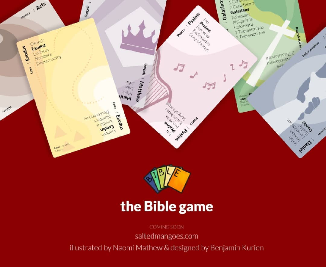We've been working on this game for a while now, and it's picking up speed.
This boardgame is designed for 2-5 players who are characterized as scholars trying to build the Bible. The game gets over in a blink, as you race your friends to quickly claim the books of the Bible.
Sounds interesting? Book the game on our website & also hear what our players felt about the game (link in bio - saltedmangoes.com/thebiblegame)
Grateful to @namkon.art for illustrating the art for the game.
#newgames #thebible #christian #christianboardgames #boardgames #illustration #bible #biblegames #biblegame #designedforjesus #christiangames #faith #sundayschool #youthfellowship #church #mgocsm #bibleforkids #bibleart #biblestories #saltedmangoes