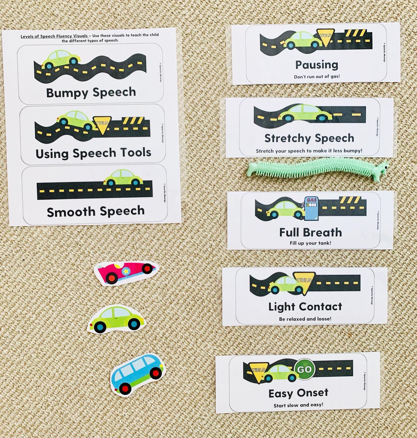 Working on feelings and practicing smoother talking today! I love this fluency packet from @speechymusings! My younger students love cars and it’s a great visual for when we practice using our speech tools for smoother talking! I also like the “Snooky the Snail” material from Super Duper. Oldie but a goodie. What’s your fave fluency material?