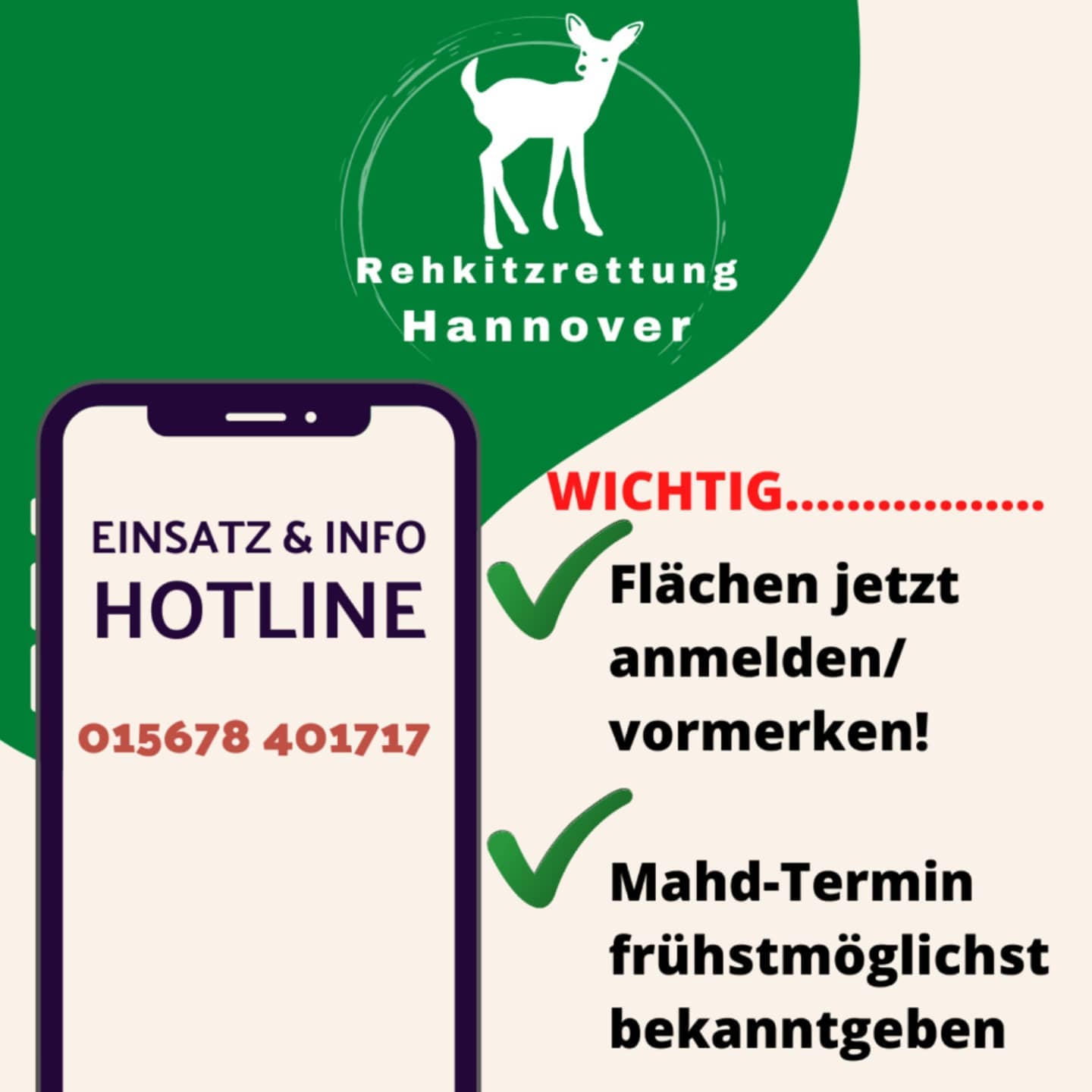 #rehkitzrettung in der #regionhannover
Wir suchen Wiesen vor der #Mahd mit #Wärmebilddrohnen ab um die dort geborenen und versteckten Rehkitze zu retten. Kontaktiert und rechtzeitig und meldet die Flächen so früh wie möglich an zur Planung, auch ohne konkreten Termin.
Unsere Teams fliegen in #hannover #isernhagen #fuhrberg #garbsen #seelze #ronnenberg #deister #steinhude #hemmingen #arnum #laatzen #wedemark #langenhagen und in der ganzen Region Hannover oder auf Anfrage.
#rehkitzrettung #rehkitzsuche2021 #rehkitzsuche #rehkitzretterhannover #rehkitzrettunglangenhagen #rehkitzrettunghannover