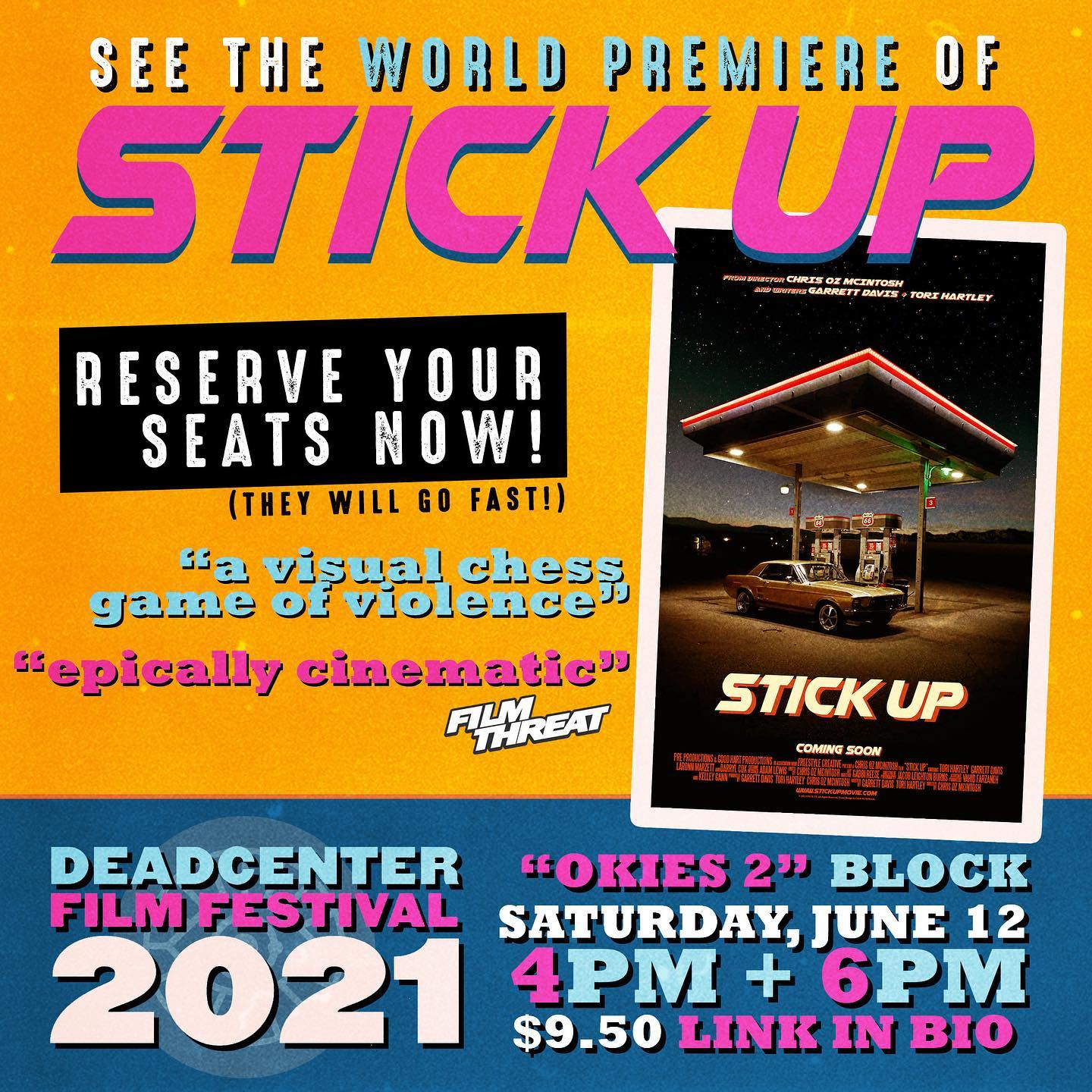 IT’S HAPPENING! I’m sorry for blowing up your phones recently, but my new film @StickUpMovie premieres this weekend in OKC at @deadCenterFilm Festival! And the first time ever, thanks to @RodeoCinemaOKC, the fest offers RESERVED seating! Grab seats while you can because they’re flyin’! We may or may not be giving out a few free posters while supplies last. :) YEEHAW! 🎥🤠💥 @freestyleokc