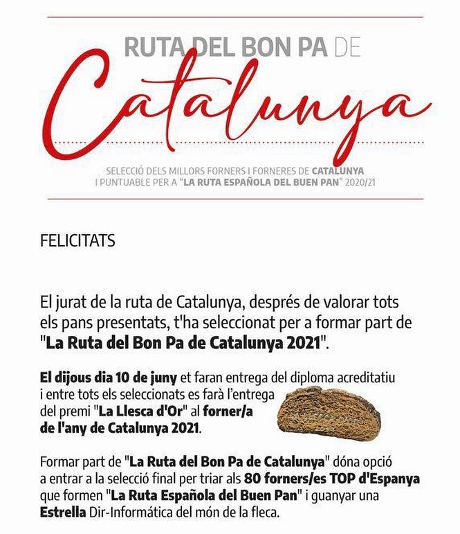Molt agraïts pel reconeixement, un altre any a la ruta del bon pa de Catalunya! Felicitats als forners i forneres del gremi 🤗
.
.
.
Muy agradecidos por el reconocimiento, otro año en la ruta del buen pan de Cataluña! Felicidades a los panaderos y panaderas del gremio 🤗