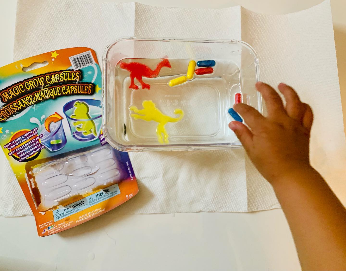 Have you ever tried these magic grow capsules? These were so neat and a fun way to incorporate vocabulary and language concepts. We talked about colors, cold/warm, wet/dry, big/little, animal labels, animal sounds and even practiced taking turns throwing the capsules into the water. What’s your fave rainy day activity?