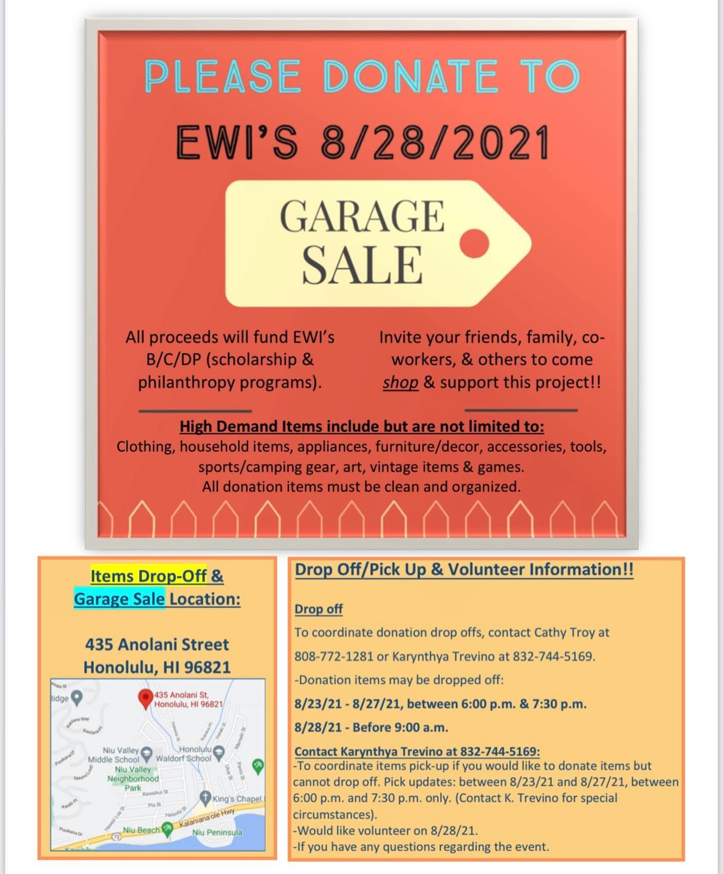 ✨Get ready for our upcoming GARAGE SALE on 8/28/21. The proceeds will fund our EWI’s scholarship & philanthropy programs! HELP US make a difference in our community by donating what you can!
Spread the word and invite your family and friends to shop with EWI 🤙🏽💕Mahalo! ✨
DM us if you have questions!
EWI website link in bio 💙
