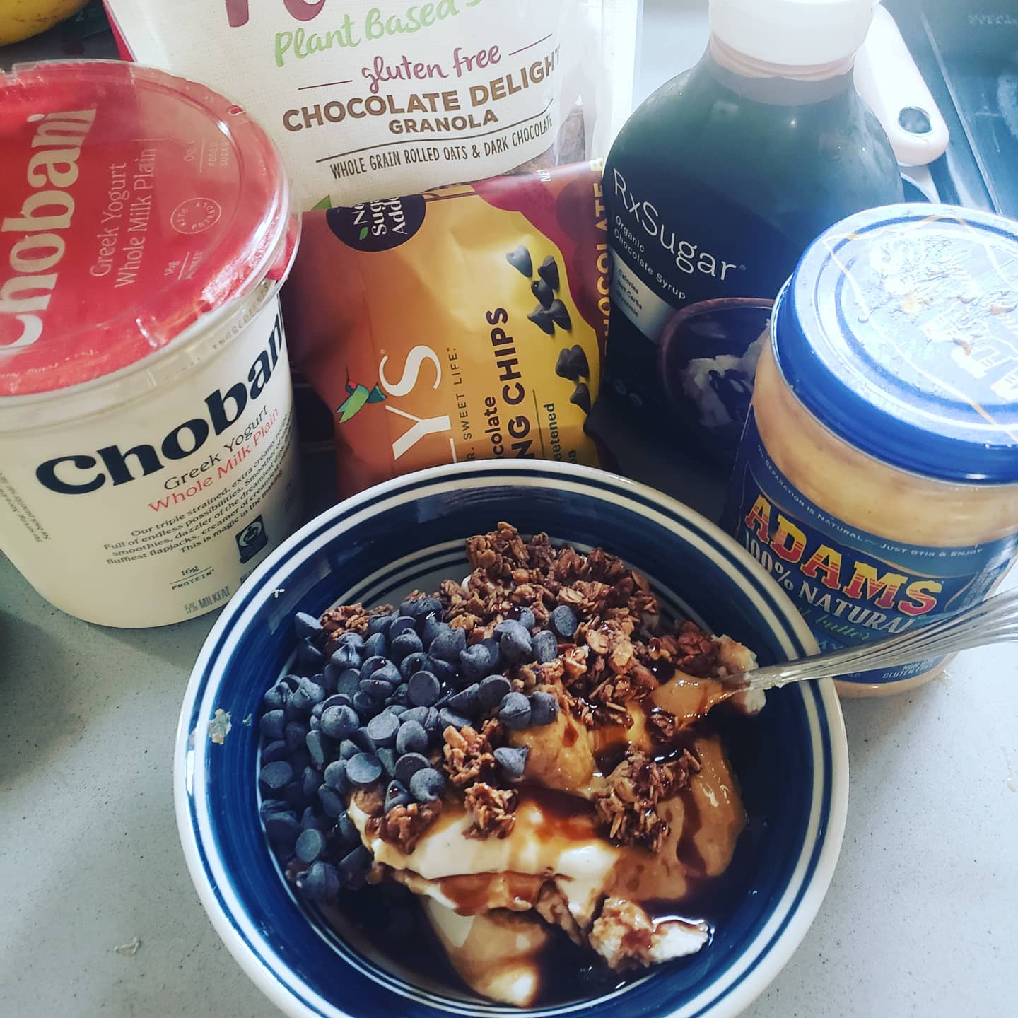 My new breakfast obsession! Chocolate peanut butter parfait. Full of protein. Full of yum. Here is how I make it:
-1 cup plain Greek yogurt (I use full fat, but whatever works for you)
-1 scoop vanilla whey protein
A few spoons of no sugar added chocolate chips
-1 to 2 tablespoons of peanut butter
-Chocolate granola of choice
- Chocolate syrup (I use Rx sugar brand made with allulose).
Enjoy!
#breakfasttime #breakfastideas #dessertforbreakfast #peanutbutterchocolate #chocolatepeanutbutter #parfait