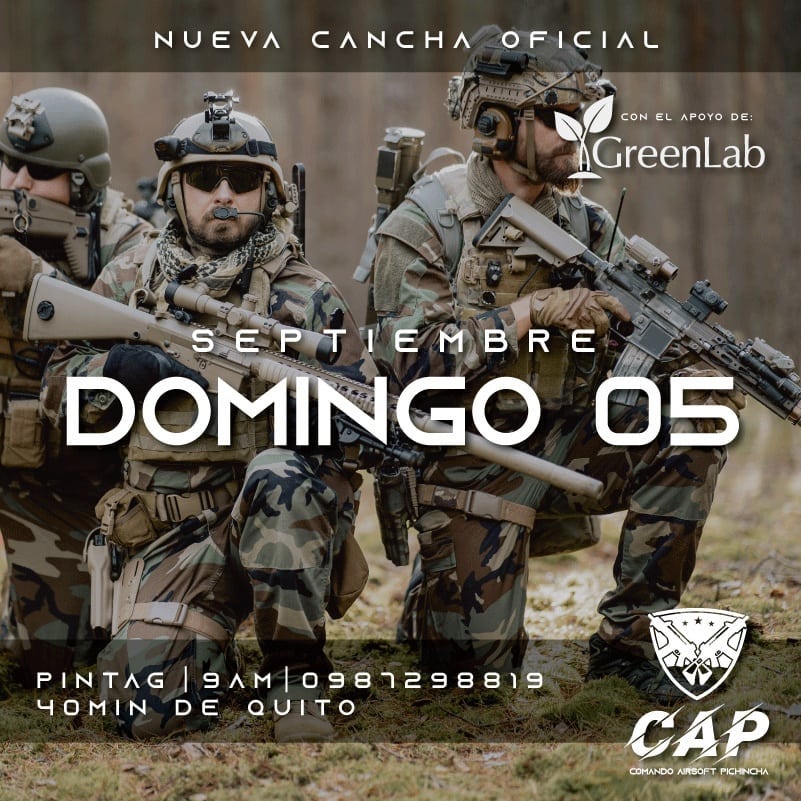 Estrenamos nuevo hogar, nueva cancha, muchas gracias @greenlab_ecuador
Vamos por un sueño de tener la mejor cancha de Airsoft, les esperamos a todos camaradas, a pocos minutos de Quito y en una cancha Milsim/Bosque impresionante.
*Renta de equipo disponible.
+Info: 0987298819
#airsoft #airsoftnation #airsoftgun #milsim #airsoftworld #airsoftinternational #airsofter #tactical #airsoftworldwide #pewpew #airsoftobsessed #airsoftphotography #airsoftbrasil #airsoftteam #softair #military #airsoftplayer #m #airsoftcommunity #airsoftgame #a #airsoftwar #airsoftlove #guns #airsofting #multicam #airsofterphoto #glock #airsoftguns