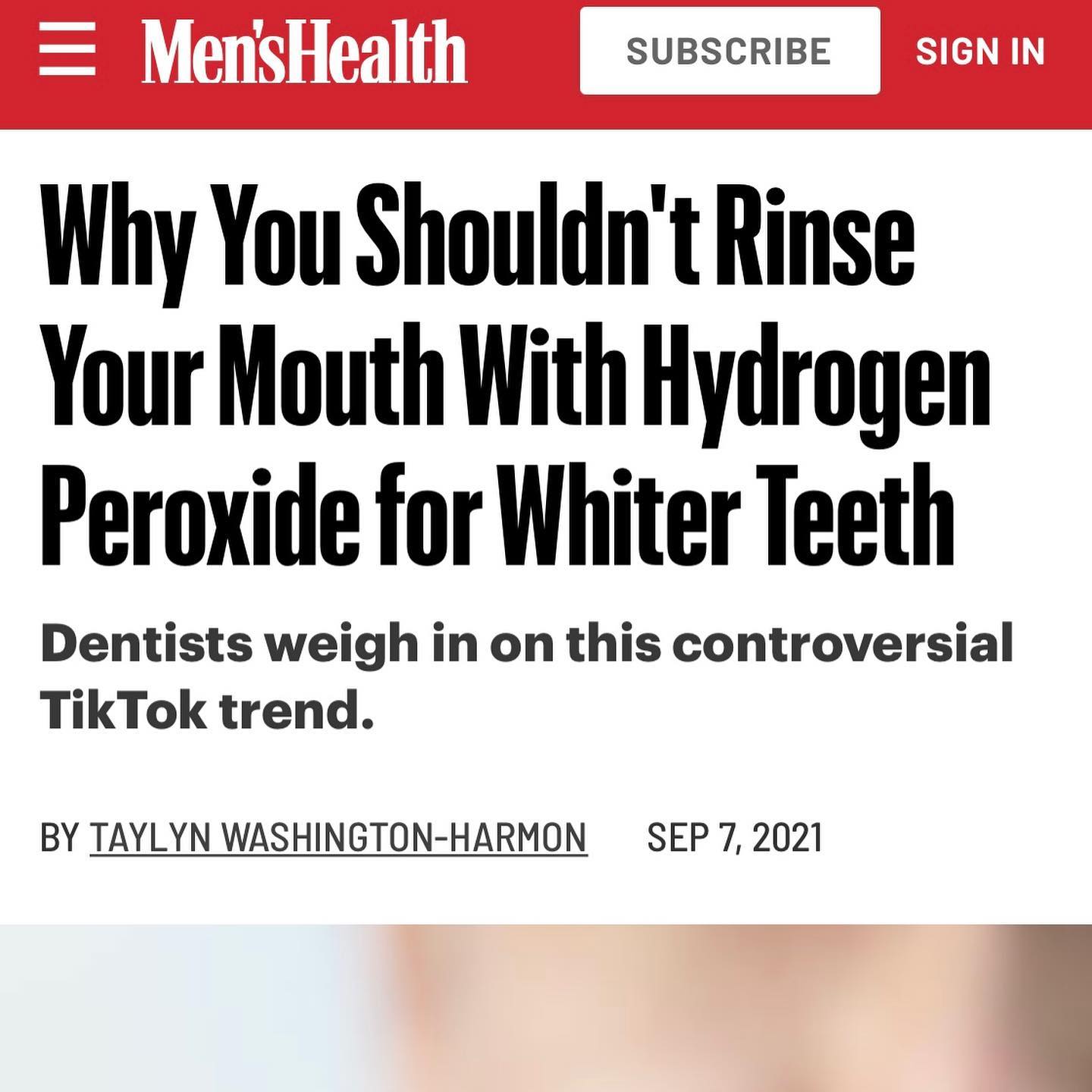 It’s amazing what people will try because they saw it on TikTok. Thank you @menshealthmag for the chance to set the record straight: #whitening by swishing hydrogen peroxide doesn’t work and is dangerous.
