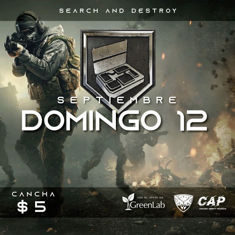 Search and Destroy.- Call of Duty Modern Warfare Edition.
3 equipos un solo objetivo.
Encontrar los explosivos y detonarlos en la base enemiga
Tienes lo necesario para completar esta misión?
Acompáñanos a este juego lleno de Adrenalina, donde pondrás a prueba tu habilidad táctica y de combate.
Lugar: cancha CAP-GREENLAB
Fecha: Domingo 12 de Septiembre
Hora : 9h00 am.
Valor : $5 usd.
DM para alquiler de equipo.