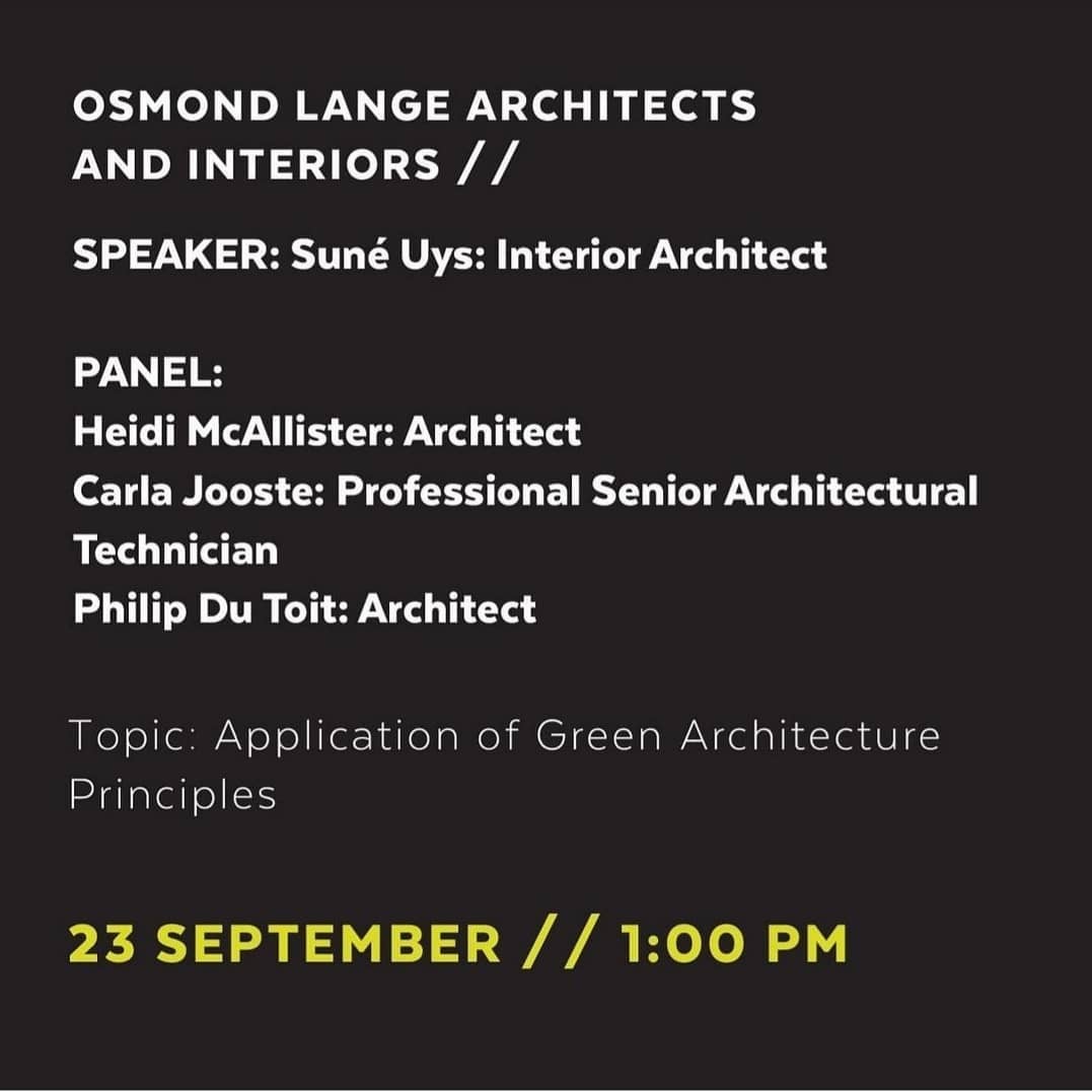 Join us online tomorrow at the @decorexafrica event where OLA Team members will be speaking about Green Architecture Principles
d e s i g n / CONNECT 21 presented by Decorex Africa & 100% Design South Africa
23 SEPTEMBER 1:00 PM
Speakers: Suné Uys, Heidi McAllister, Carla Jooste and Philip Du Toit
Register by clicking on the link in our bio
#architect #architecture #Architecturenow #Sustaibaility #greenarchitecture #Design #interiordesign #designtrail #decorexafrica #cltconstruction #alternativebuilding #designconnect #presentatiton #virtual #online