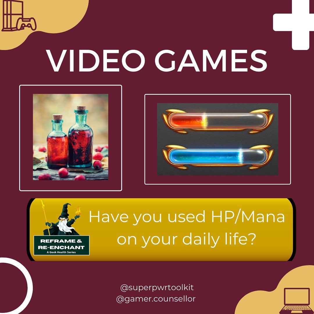 A collaboration with @superpwrtoolkit who design the picture. Check it out for more posts on how to use geeky interest to reframe your physical life!
Video games don’t just provide fun, but the stories, lores and even game mechanics can be useful in our physical world as well.
How’s your health and mana bar today? What do you need to recharge?
Check out my blog posts for more information on how to transfer these concepts and skills to your physics world. Link in my bio.
Follow @gamer.counsellor for more posts on the journey of life from the lens of a Christian, psych graduate and a gamer.
#gamercounsellor #videogames #gamer #mentalhealthnz #mentalhealth #play #geek #geektherapy #wellbeingnz #wellbeing #counsellor #counselling